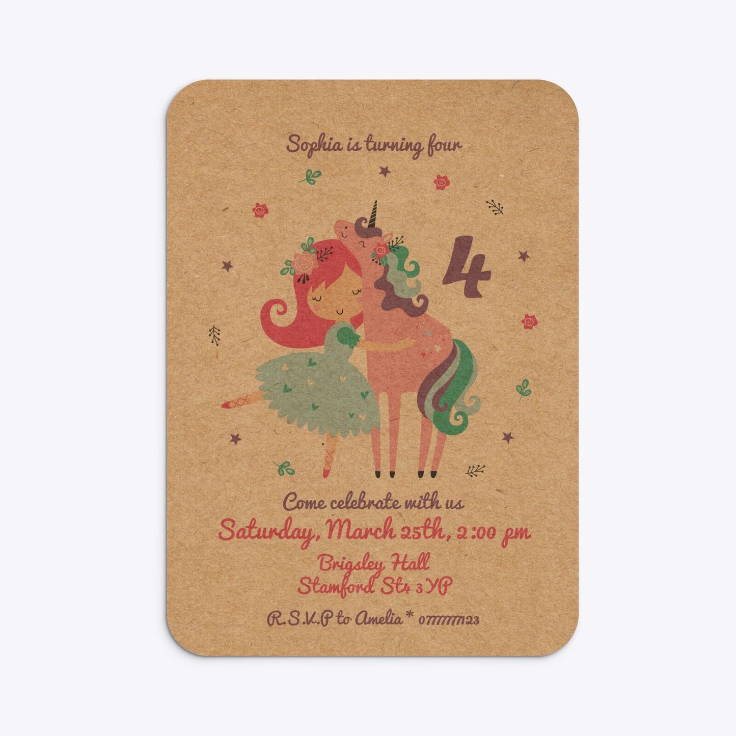 Personalised Unicorn Happy Birthday Rounded Invitation Kraft