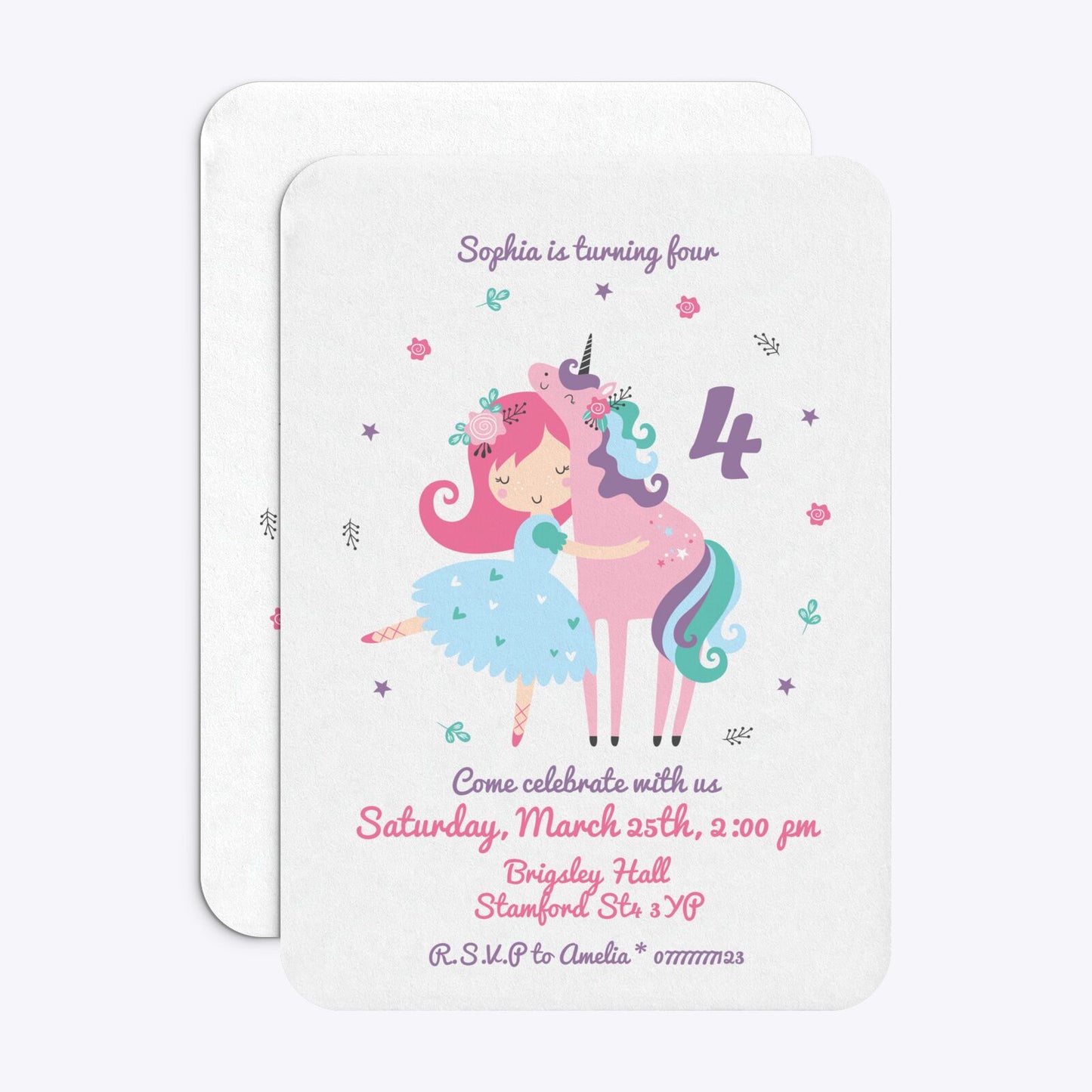 Personalised Unicorn Happy Birthday Rounded Invitation Matte Paper Front and Back Image