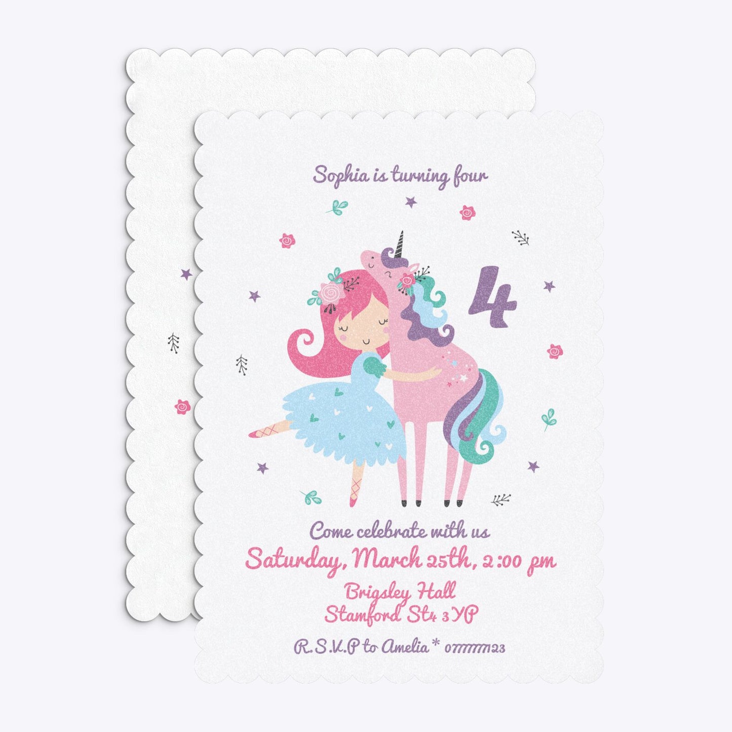 Personalised Unicorn Happy Birthday Scalloped Invitation Glitter Front and Back Image