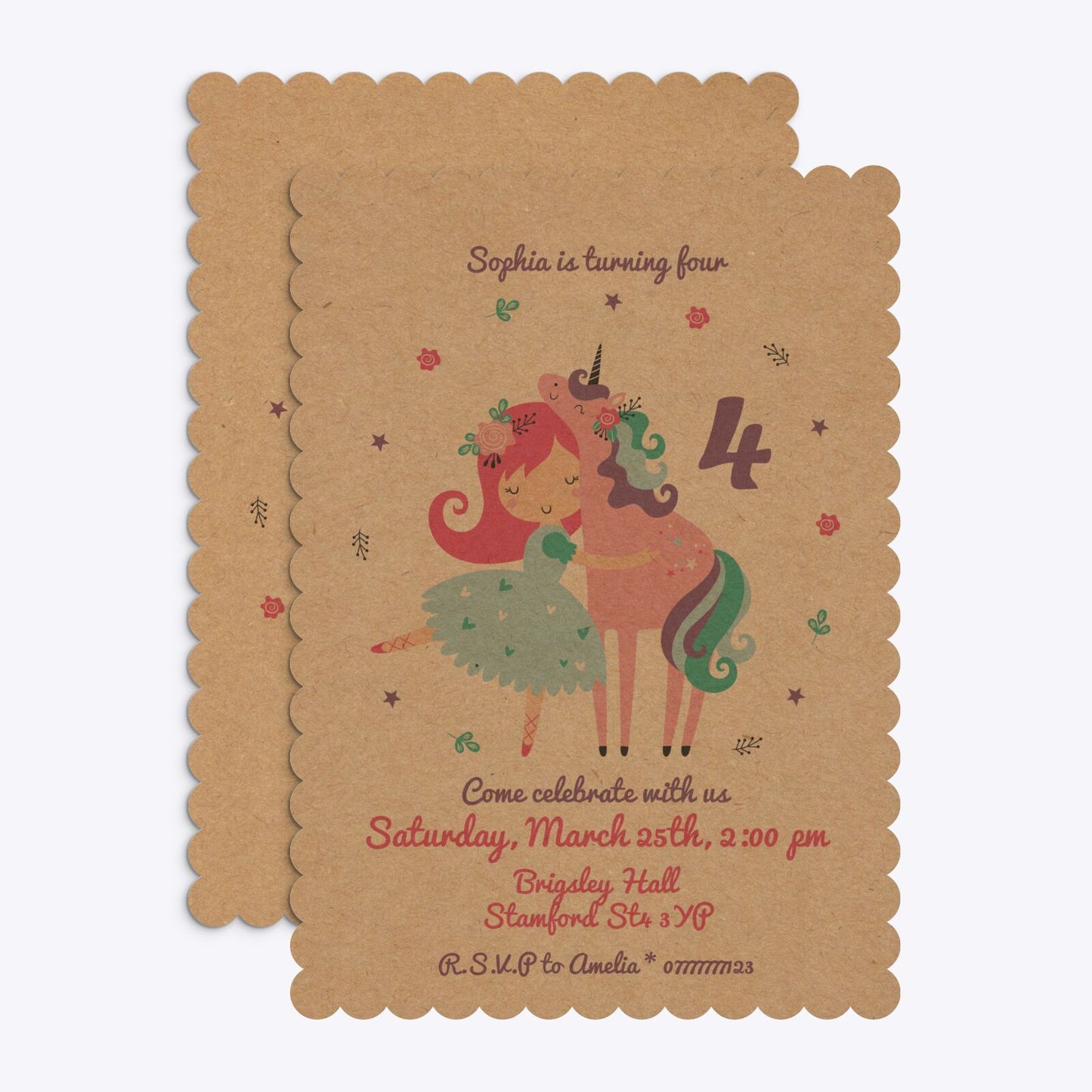 Personalised Unicorn Happy Birthday Scalloped Invitation Kraft Front and Back Image
