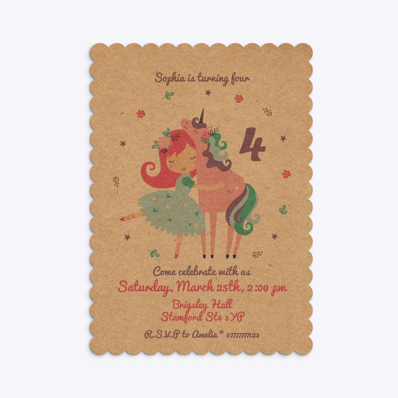 Personalised Unicorn Happy Birthday Scalloped Invitation Kraft