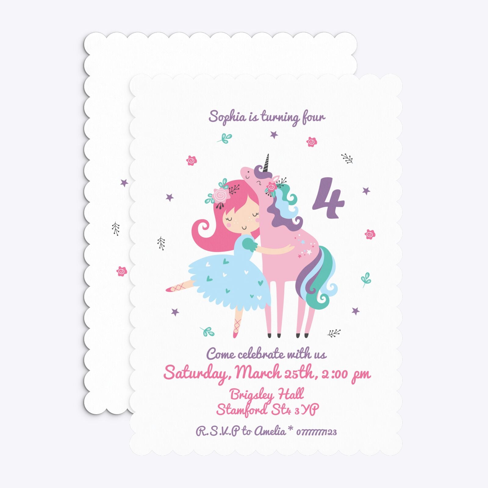 Personalised Unicorn Happy Birthday Scalloped Invitation Matte Paper Front and Back Image