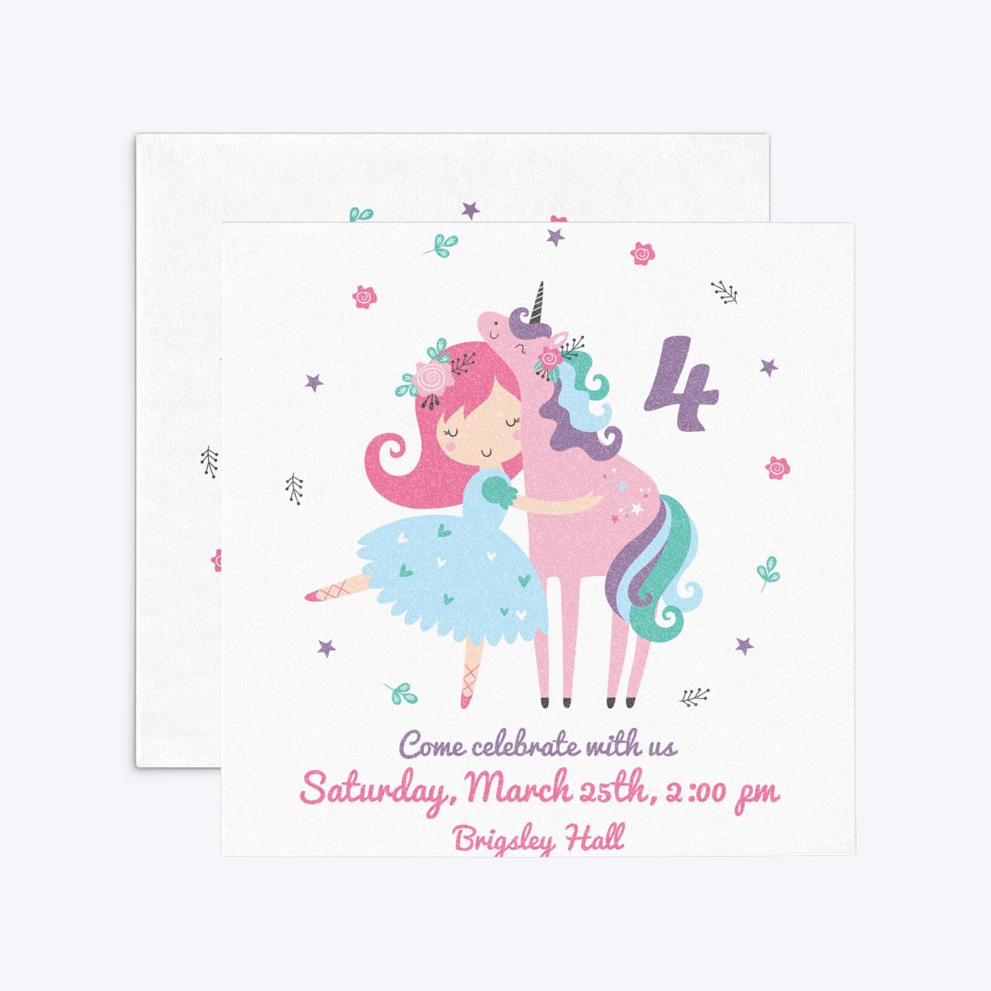 Personalised Unicorn Happy Birthday Square 5 25x5 25 Invitation Glitter Front and Back Image