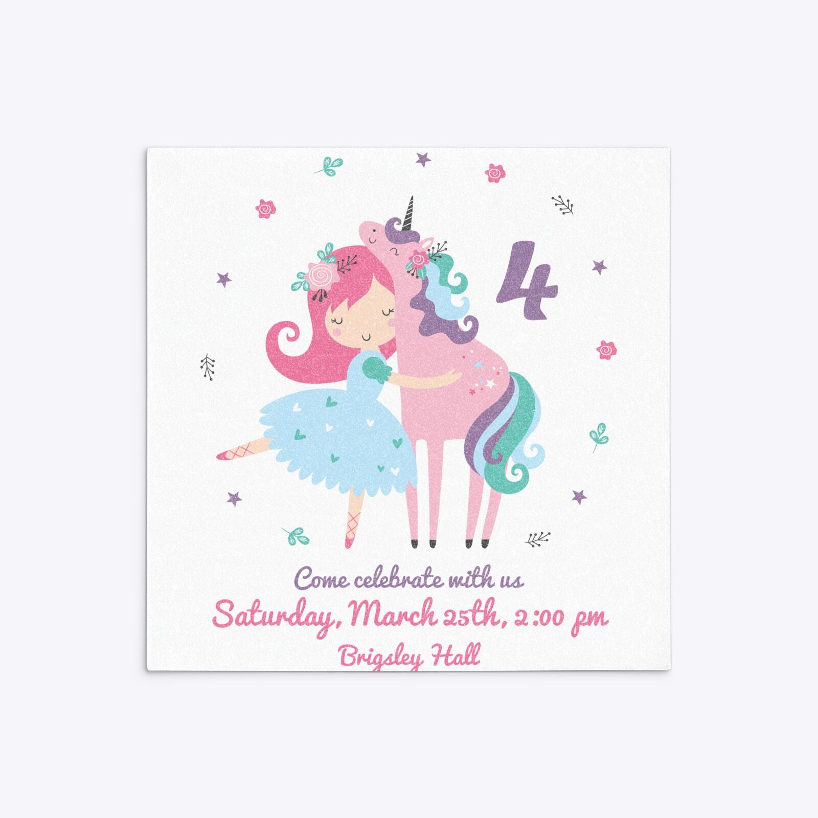 Personalised Unicorn Happy Birthday Square 5 25x5 25 Invitation Glitter