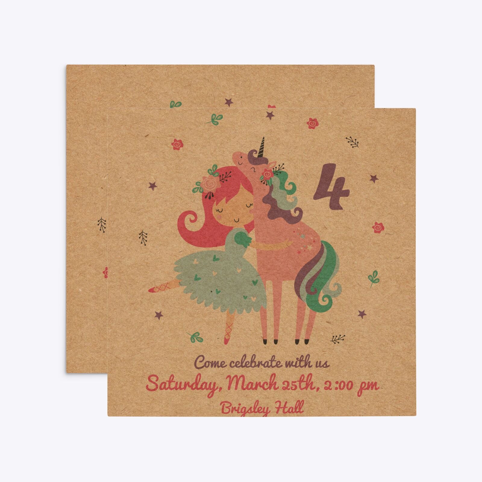 Personalised Unicorn Happy Birthday Square 5 25x5 25 Invitation Kraft Front and Back Image