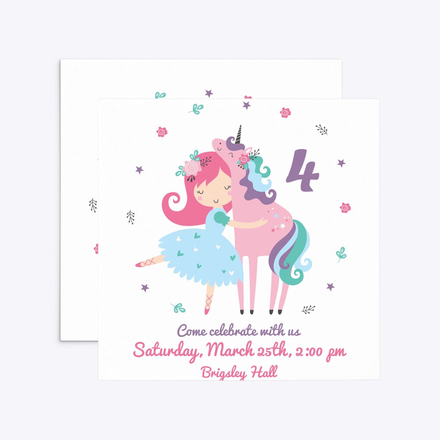 Personalised Unicorn Happy Birthday Square 5 25x5 25 Invitation Matte Paper Front and Back Image
