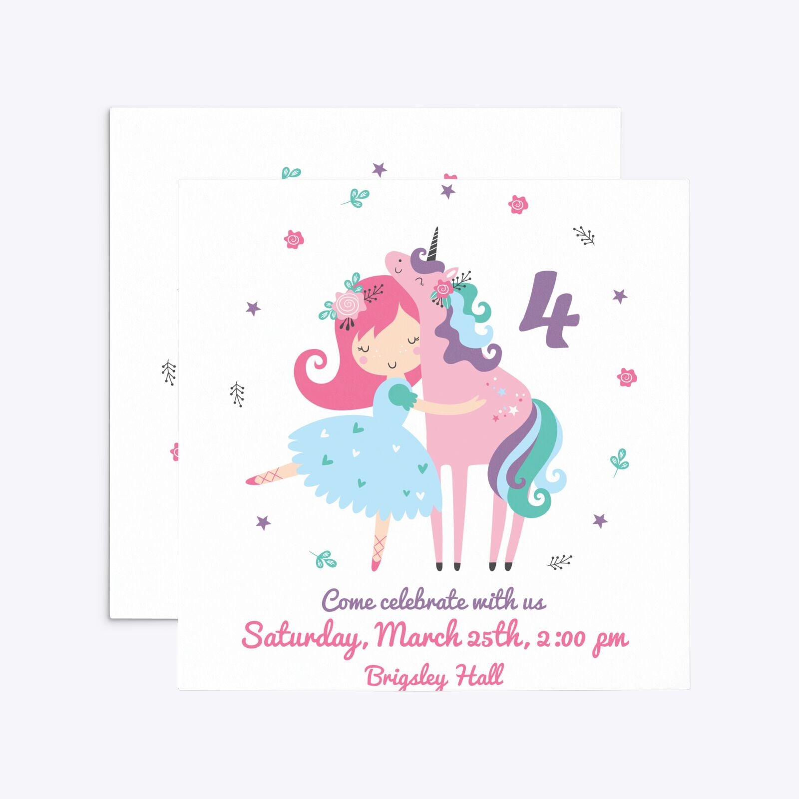 Personalised Unicorn Happy Birthday Square 5 25x5 25 Invitation Matte Paper Front and Back Image