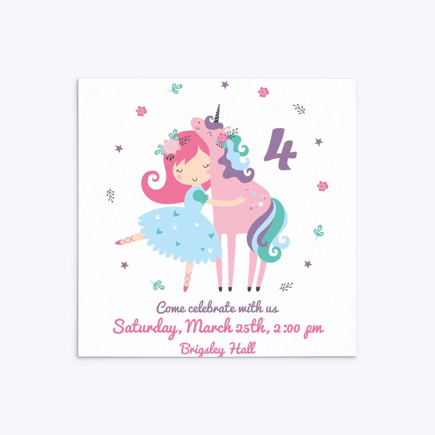 Personalised Unicorn Happy Birthday Square 5 25x5 25 Invitation Matte Paper