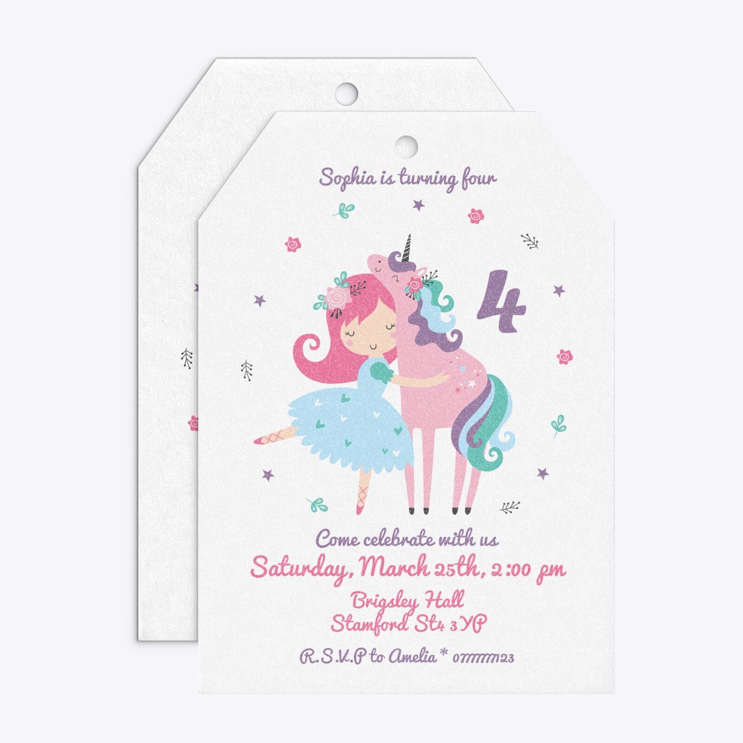 Personalised Unicorn Happy Birthday Tag Invitation Glitter Front and Back Image