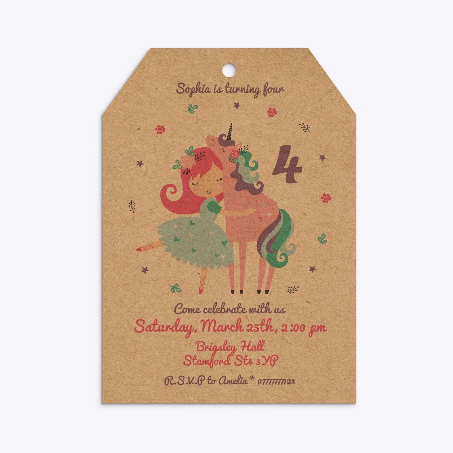 Personalised Unicorn Happy Birthday Tag Invitation Kraft