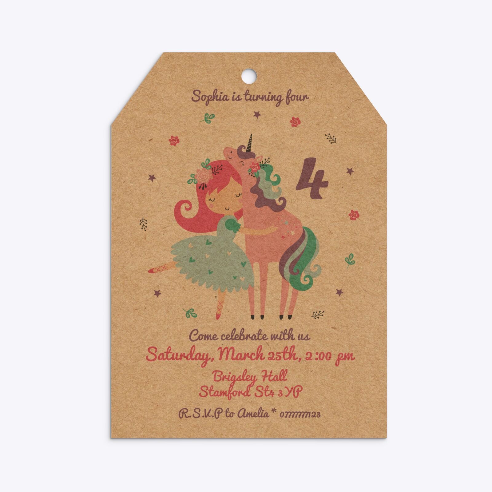 Personalised Unicorn Happy Birthday Tag Invitation Kraft