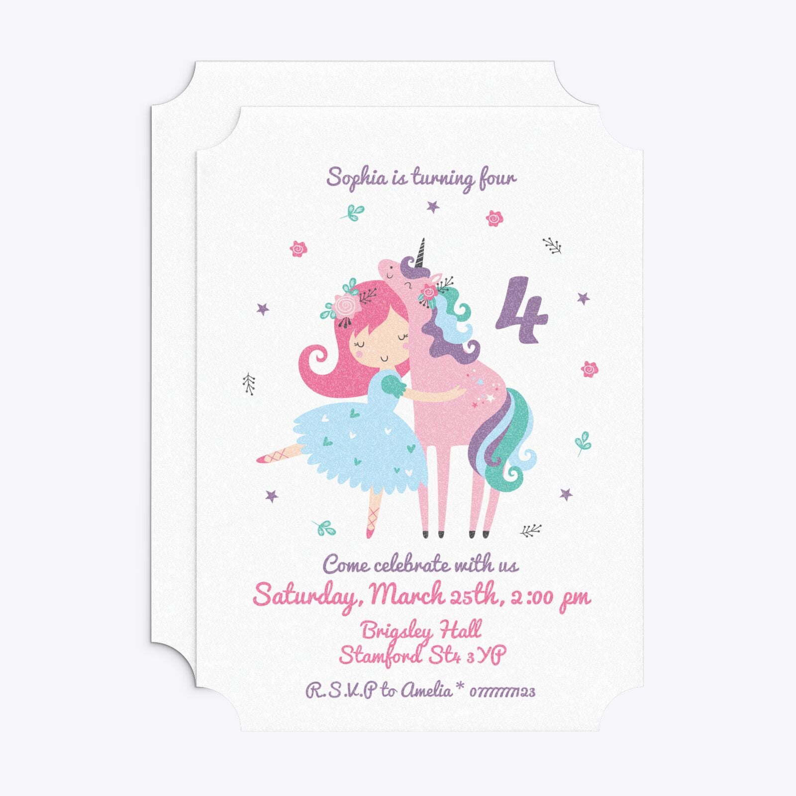 Personalised Unicorn Happy Birthday Ticket Invitation Glitter Front and Back Image