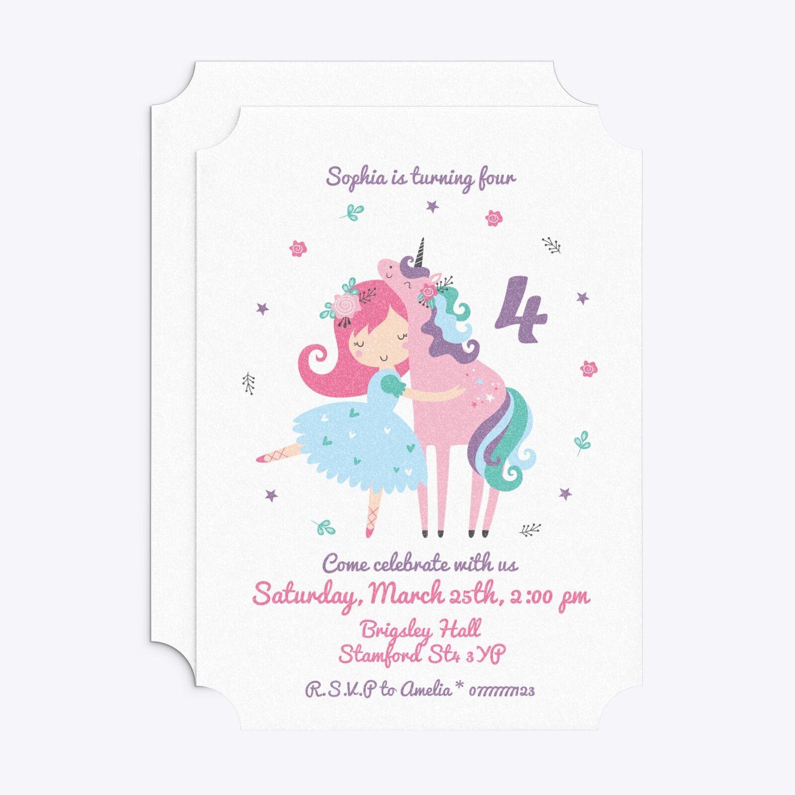 Personalised Unicorn Happy Birthday Ticket Invitation Glitter Front and Back Image