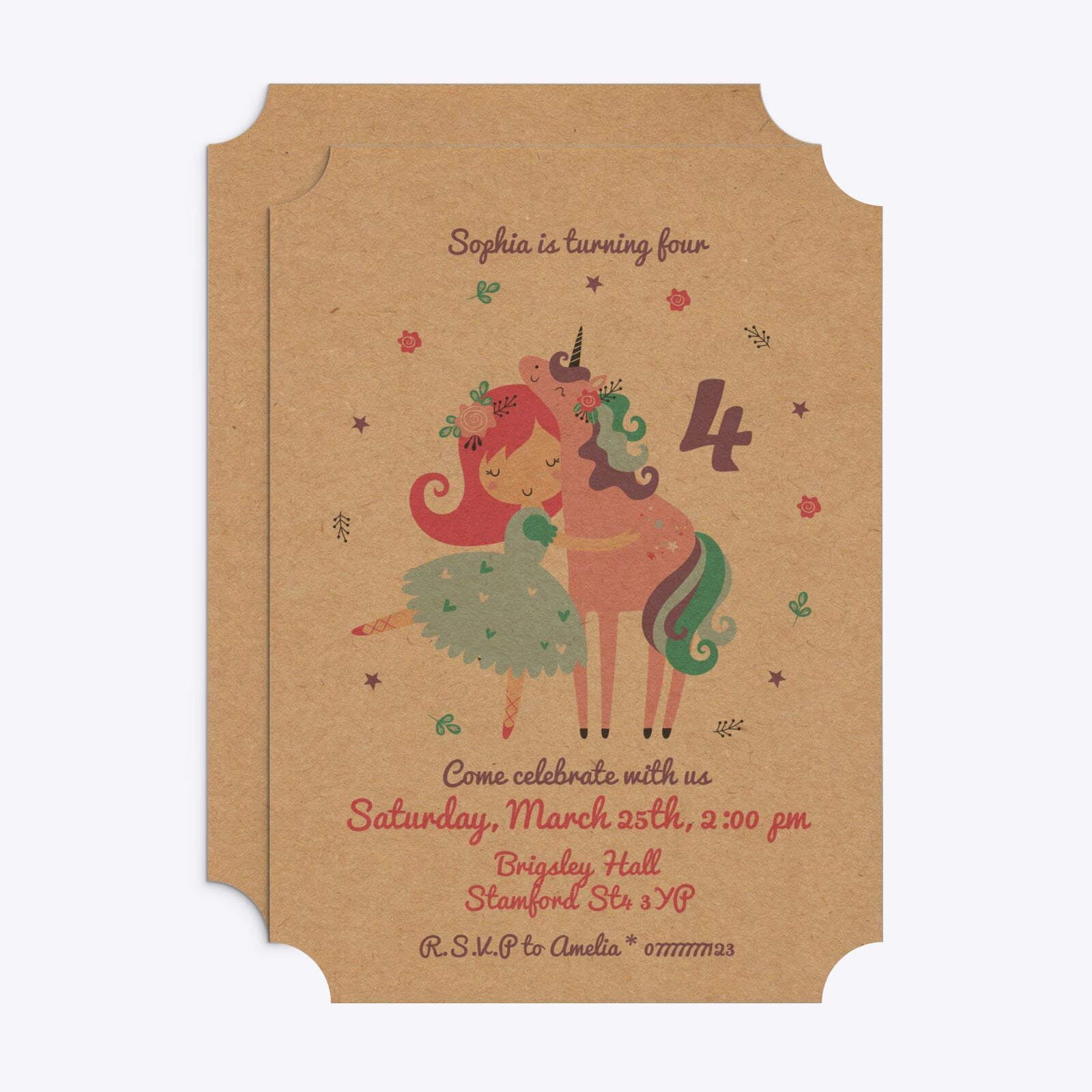 Personalised Unicorn Happy Birthday Ticket Invitation Kraft Front and Back Image