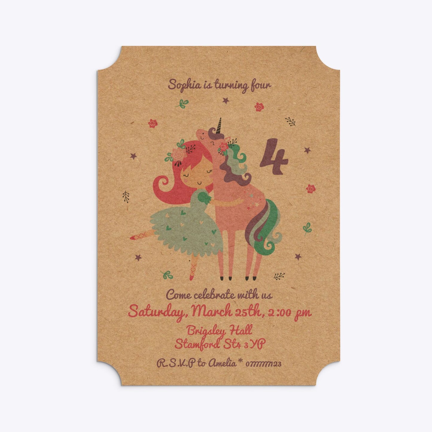 Personalised Unicorn Happy Birthday Ticket Invitation Kraft