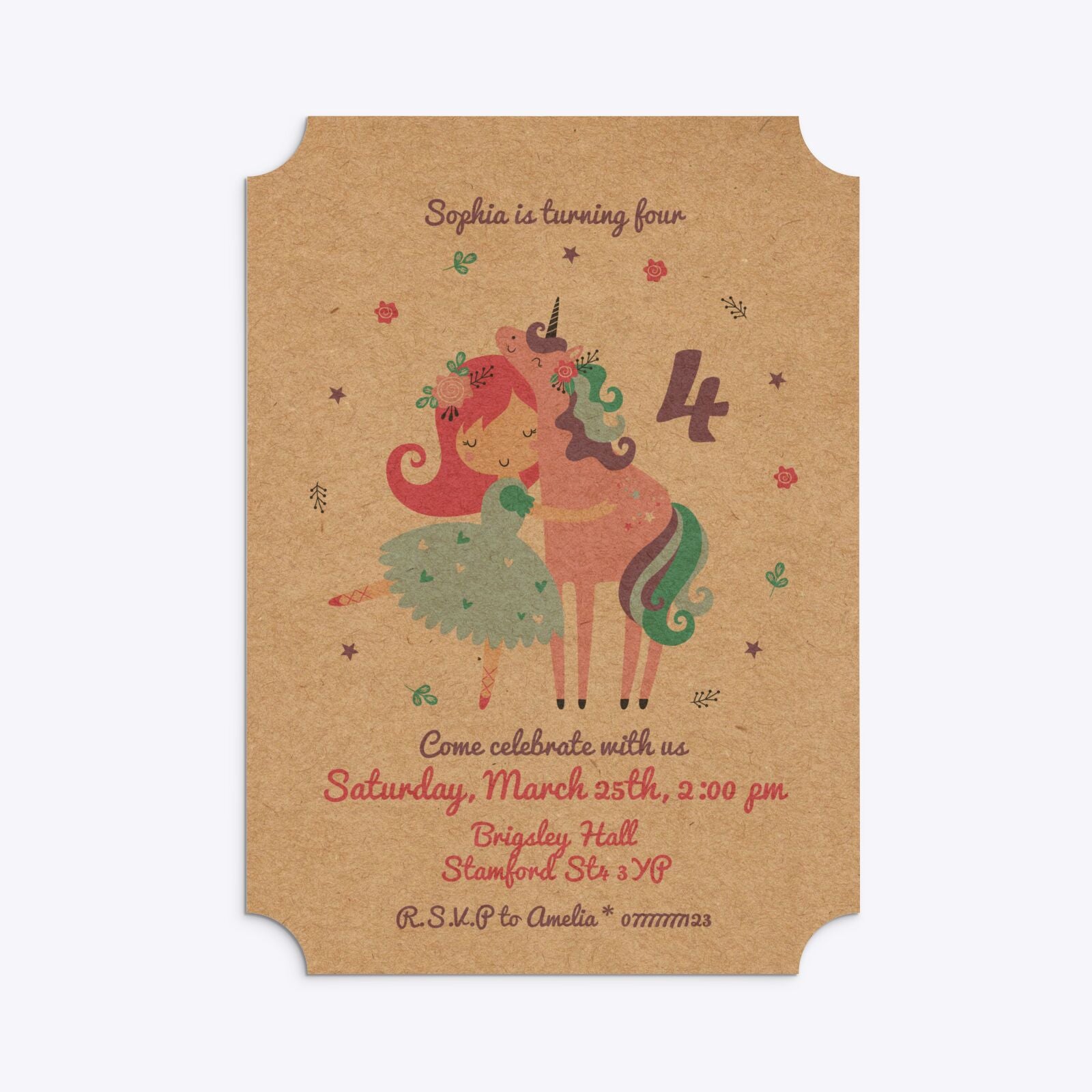 Personalised Unicorn Happy Birthday Ticket Invitation Kraft