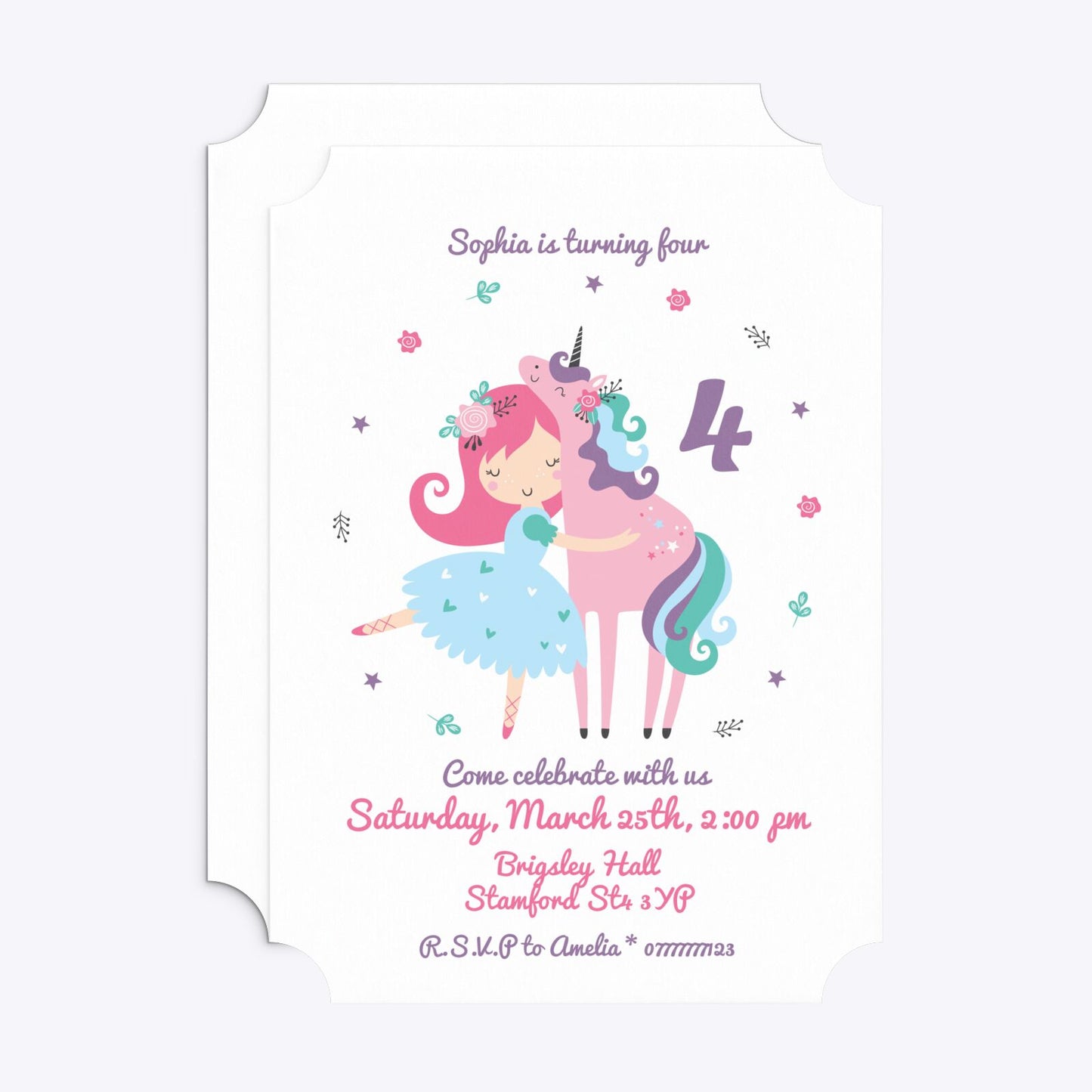 Personalised Unicorn Happy Birthday Ticket Invitation Matte Paper Front and Back Image