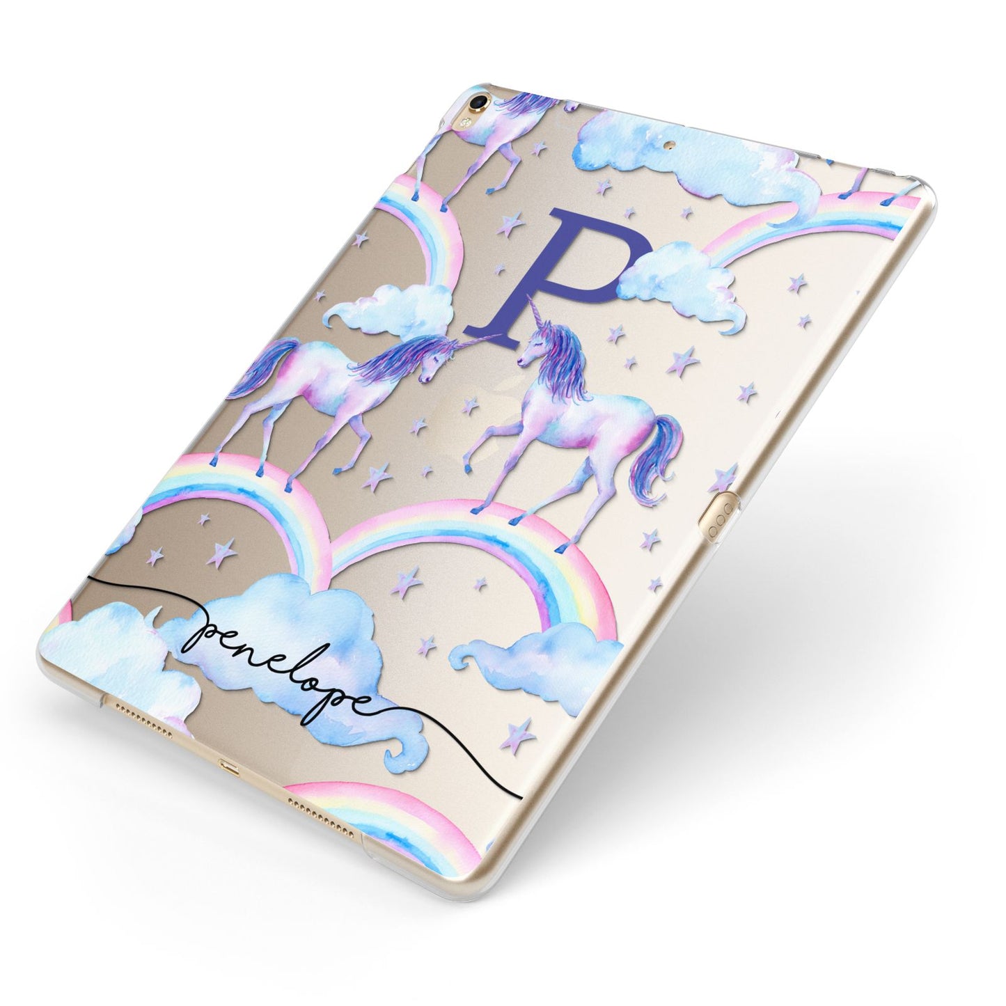 Personalised Unicorn Initial Apple iPad Case on Gold iPad Side View