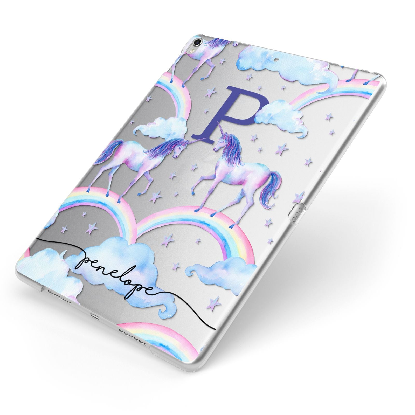 Personalised Unicorn Initial Apple iPad Case on Silver iPad Side View