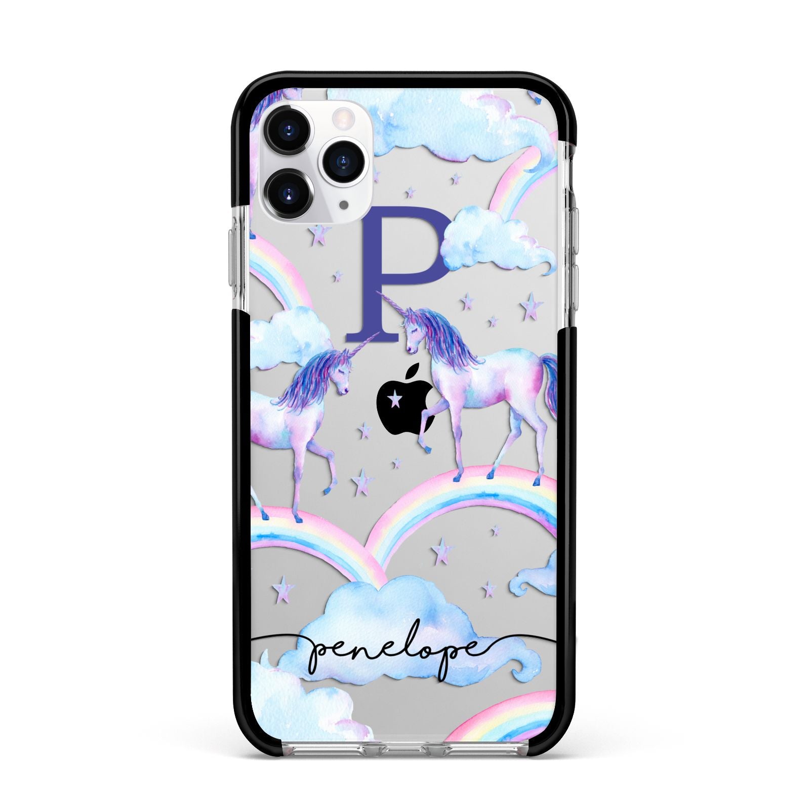 Personalised Unicorn Initial Apple iPhone 11 Pro Max in Silver with Black Impact Case
