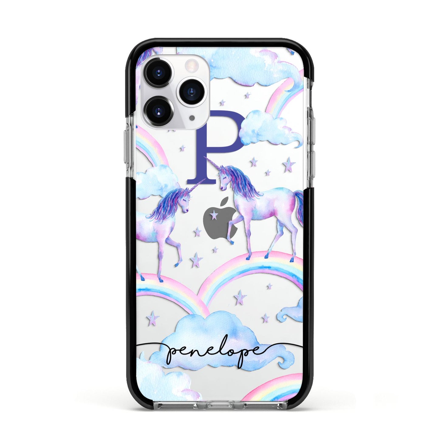 Personalised Unicorn Initial Apple iPhone 11 Pro in Silver with Black Impact Case