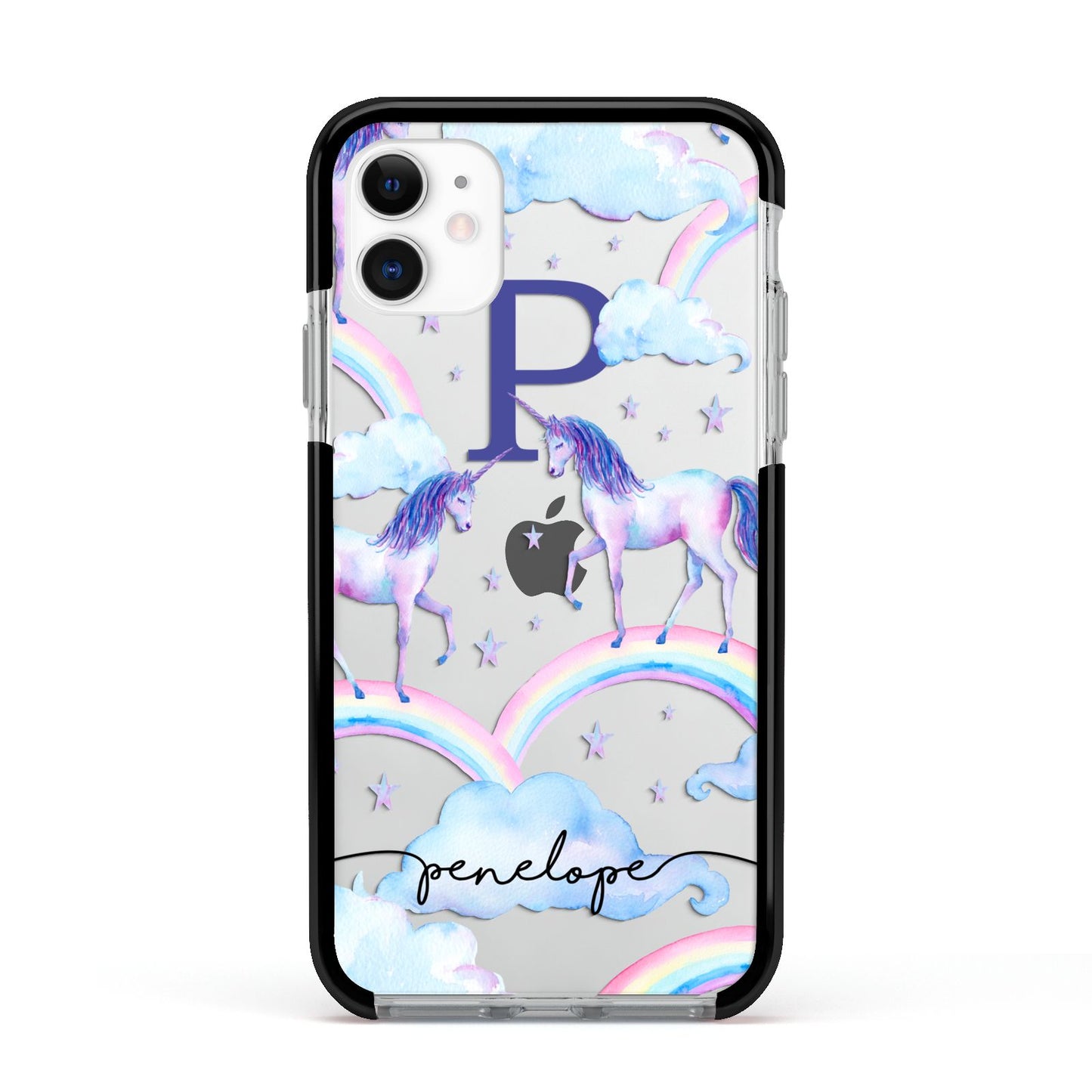 Personalised Unicorn Initial Apple iPhone 11 in White with Black Impact Case