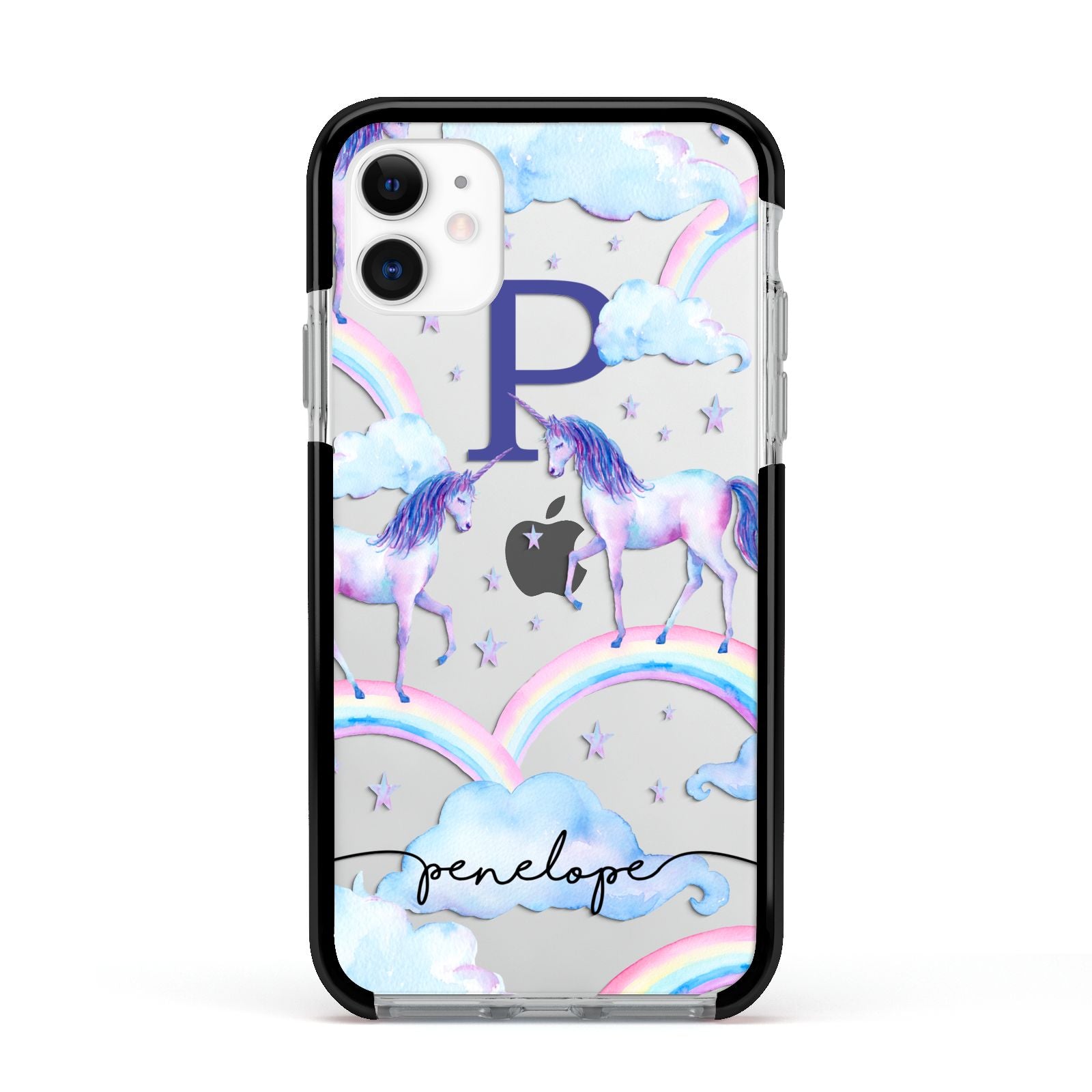 Personalised Unicorn Initial Apple iPhone 11 in White with Black Impact Case