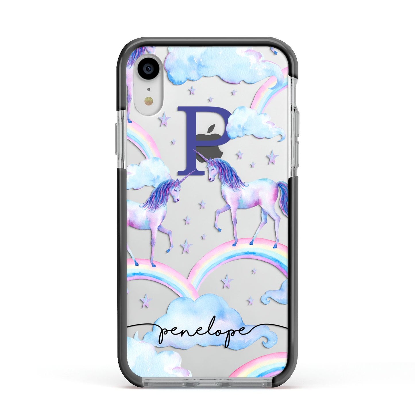Personalised Unicorn Initial Apple iPhone XR Impact Case Black Edge on Silver Phone