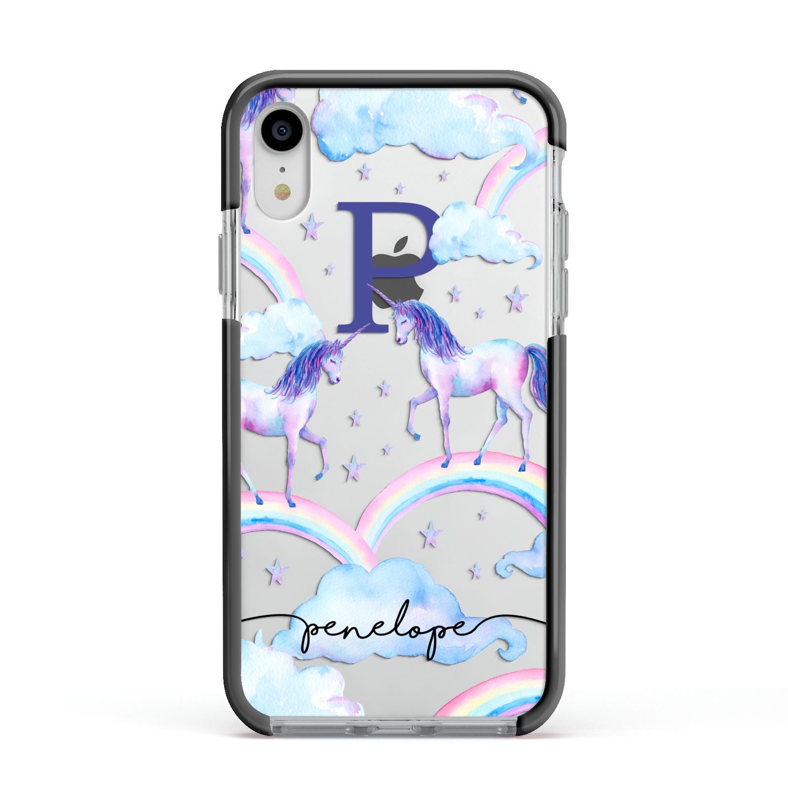 Personalised Unicorn Initial Apple iPhone XR Impact Case Black Edge on Silver Phone