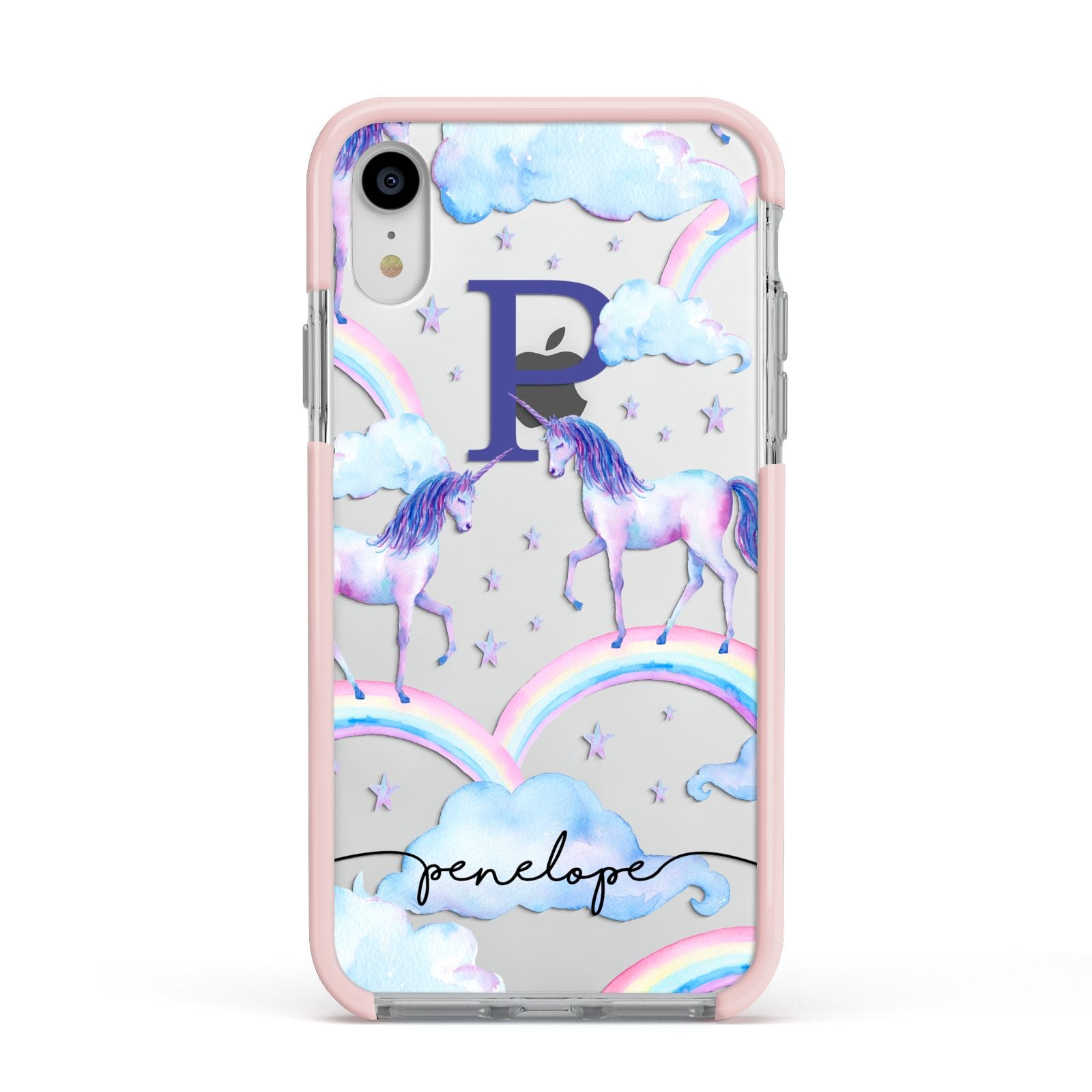 Personalised Unicorn Initial Apple iPhone XR Impact Case Pink Edge on Silver Phone