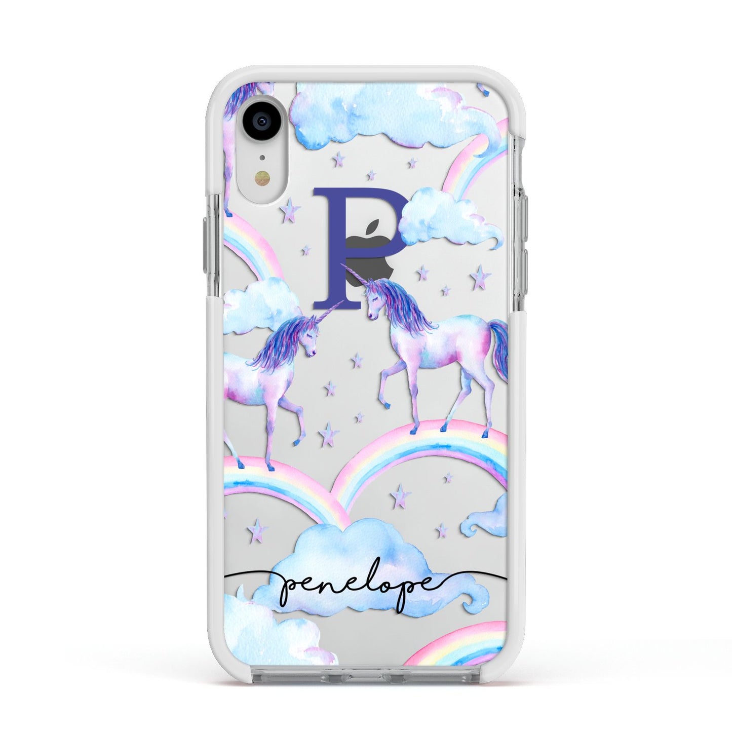 Personalised Unicorn Initial Apple iPhone XR Impact Case White Edge on Silver Phone