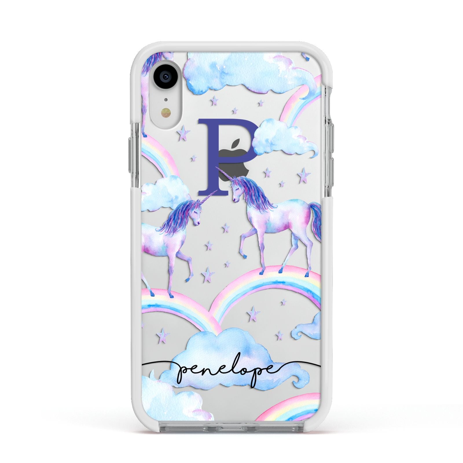 Personalised Unicorn Initial Apple iPhone XR Impact Case White Edge on Silver Phone