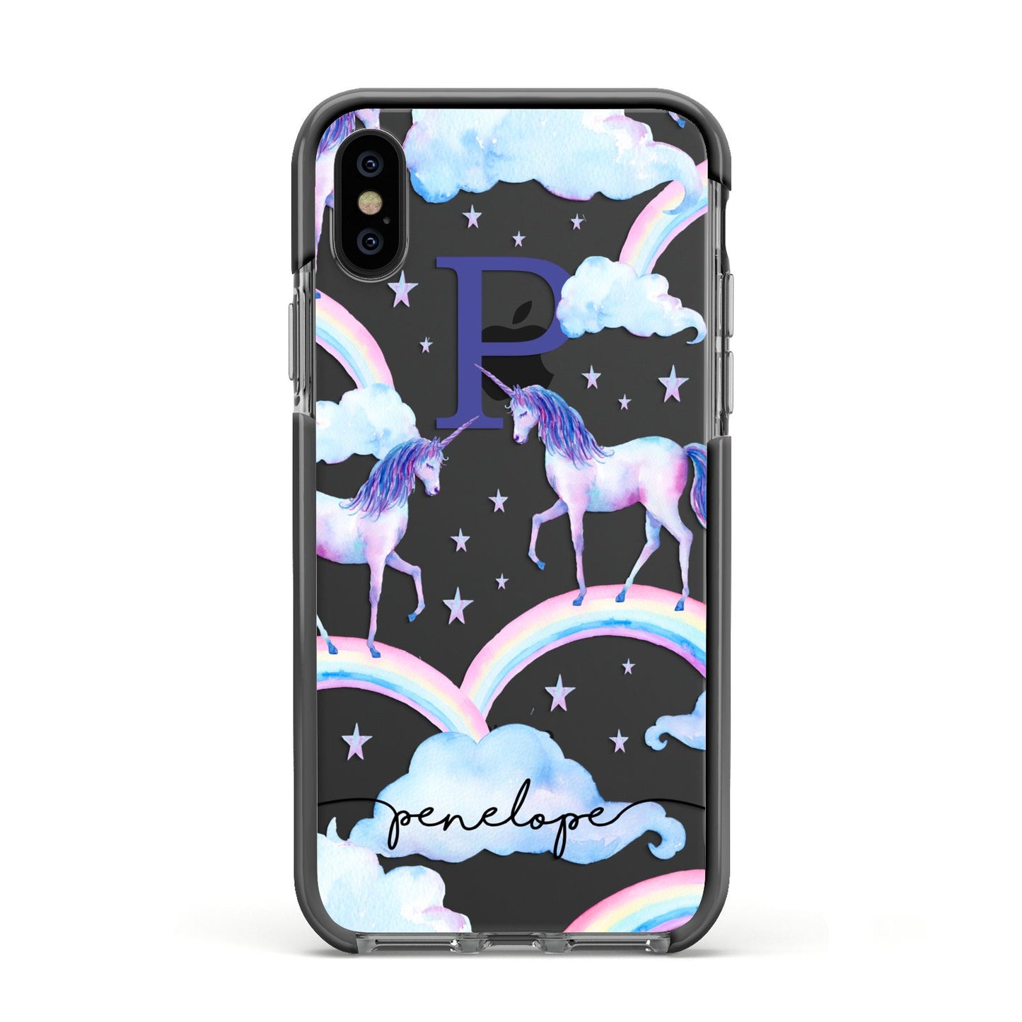 Personalised Unicorn Initial Apple iPhone Xs Impact Case Black Edge on Black Phone