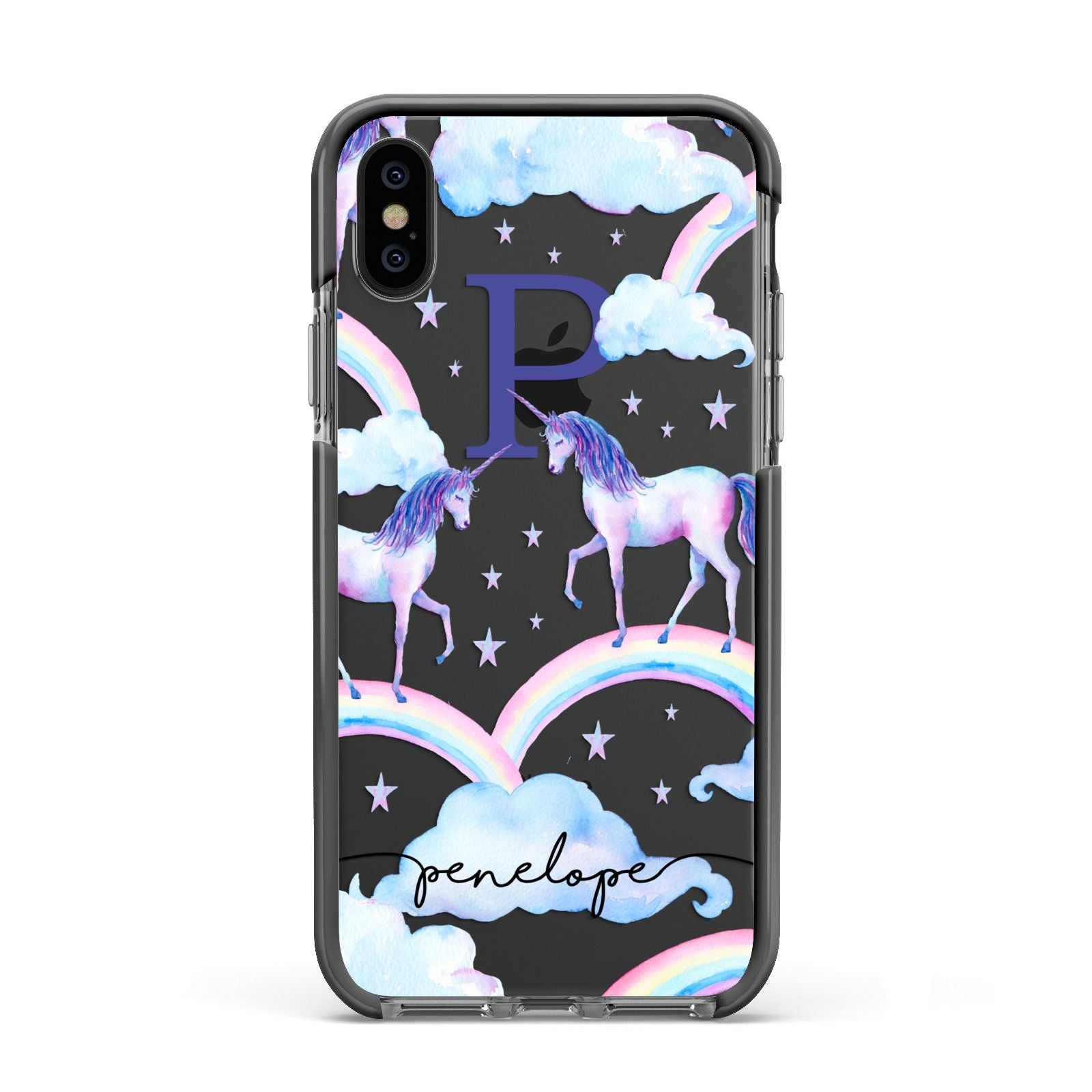 Personalised Unicorn Initial Apple iPhone Xs Impact Case Black Edge on Black Phone
