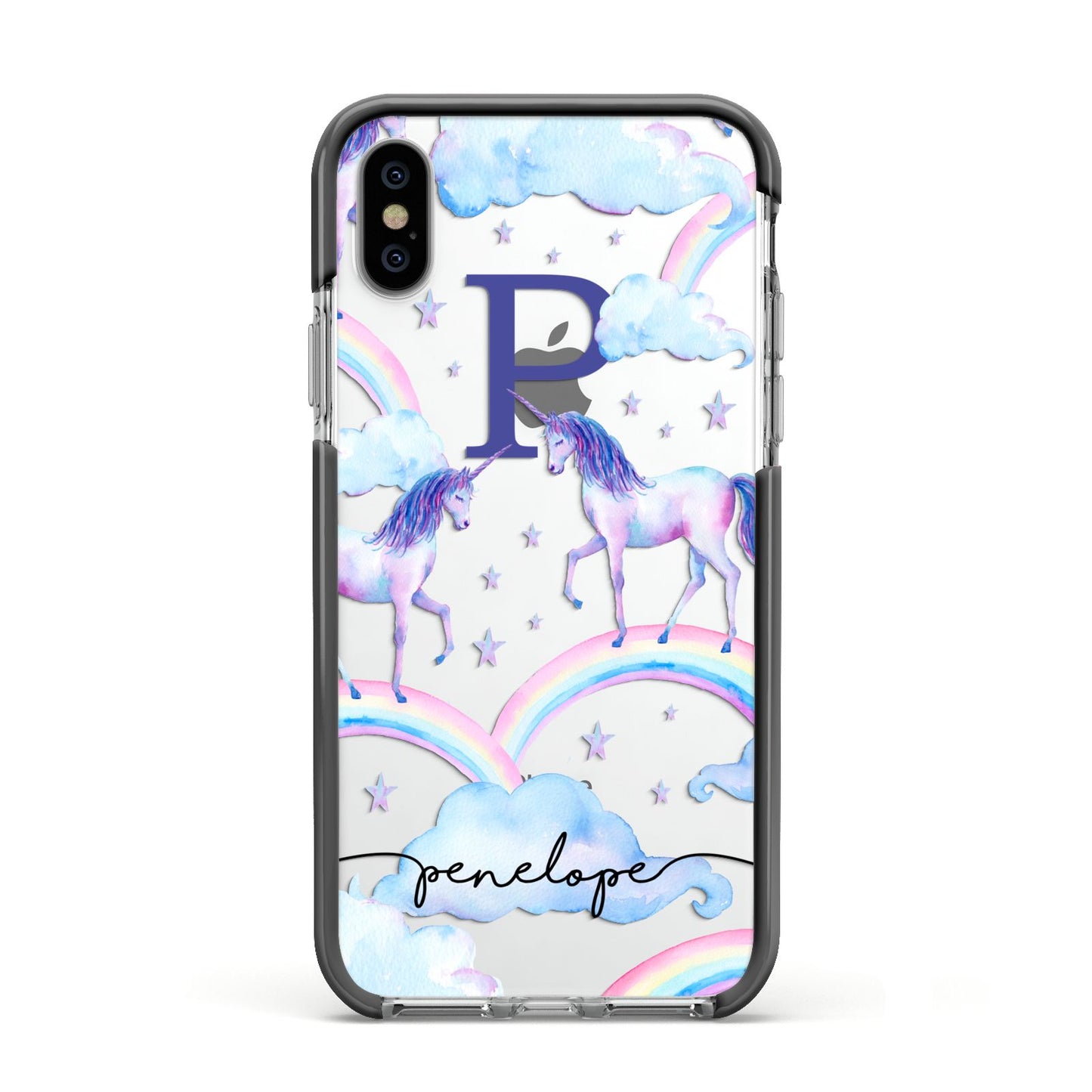 Personalised Unicorn Initial Apple iPhone Xs Impact Case Black Edge on Silver Phone