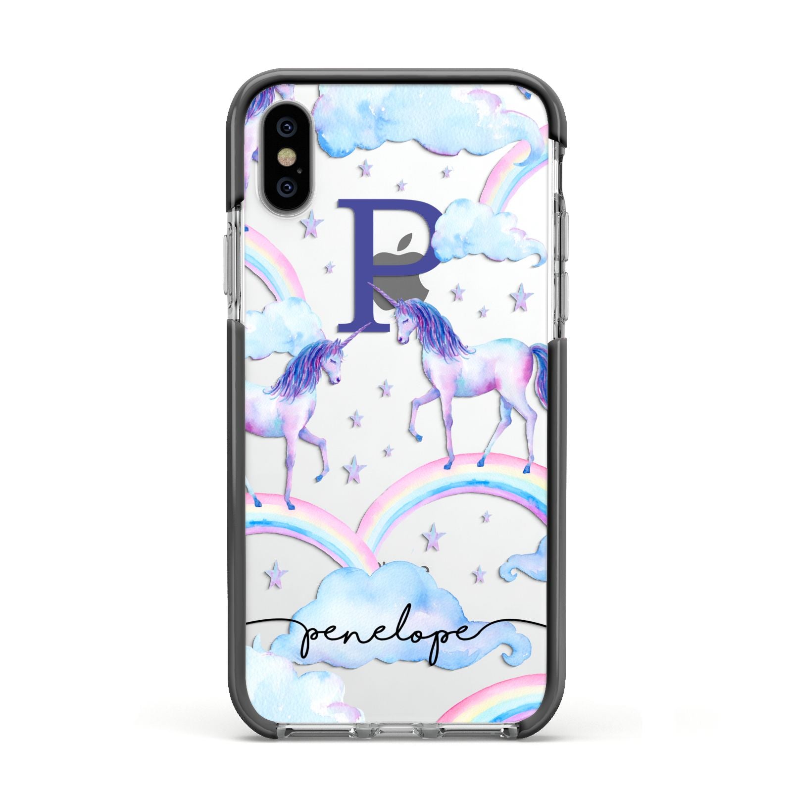 Personalised Unicorn Initial Apple iPhone Xs Impact Case Black Edge on Silver Phone
