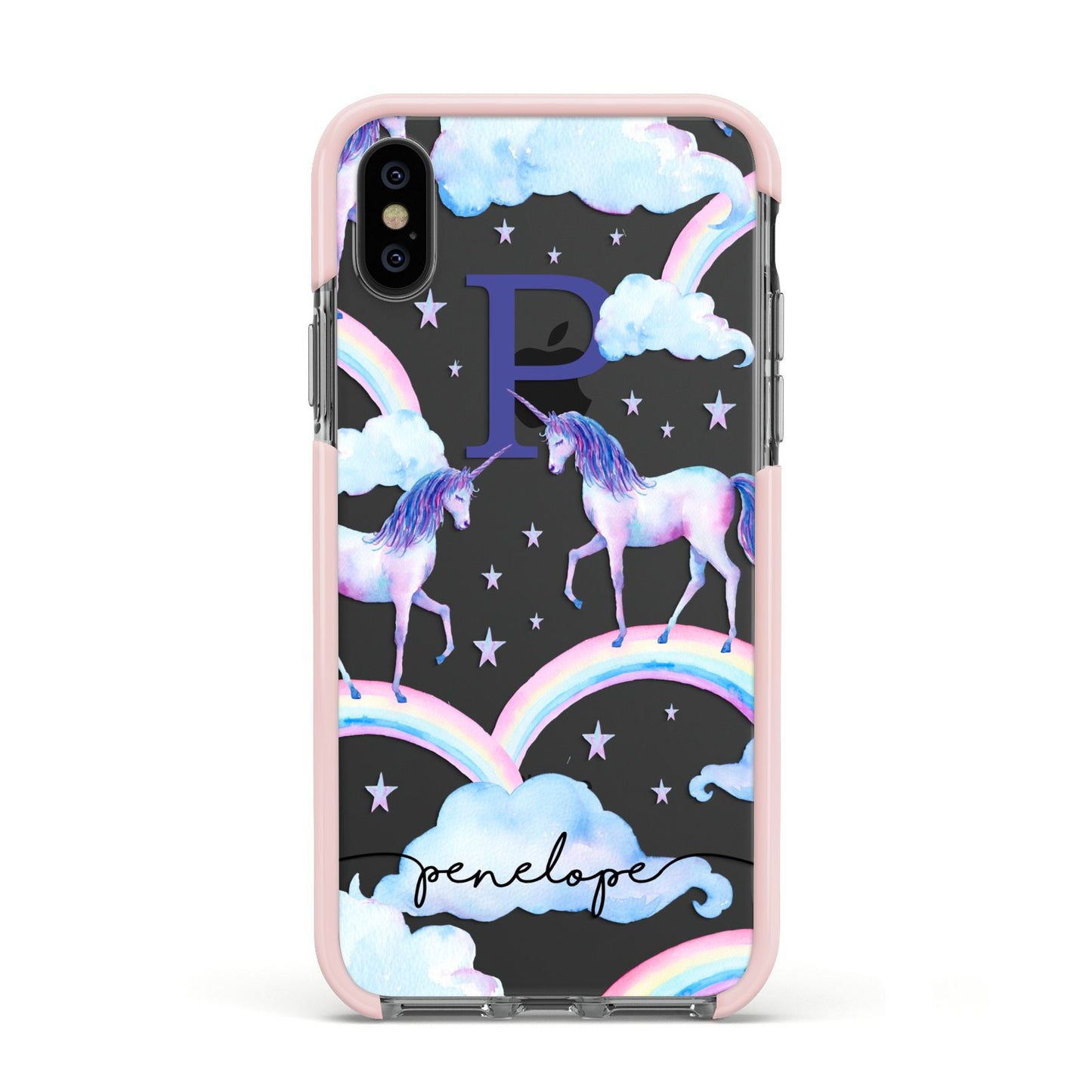 Personalised Unicorn Initial Apple iPhone Xs Impact Case Pink Edge on Black Phone