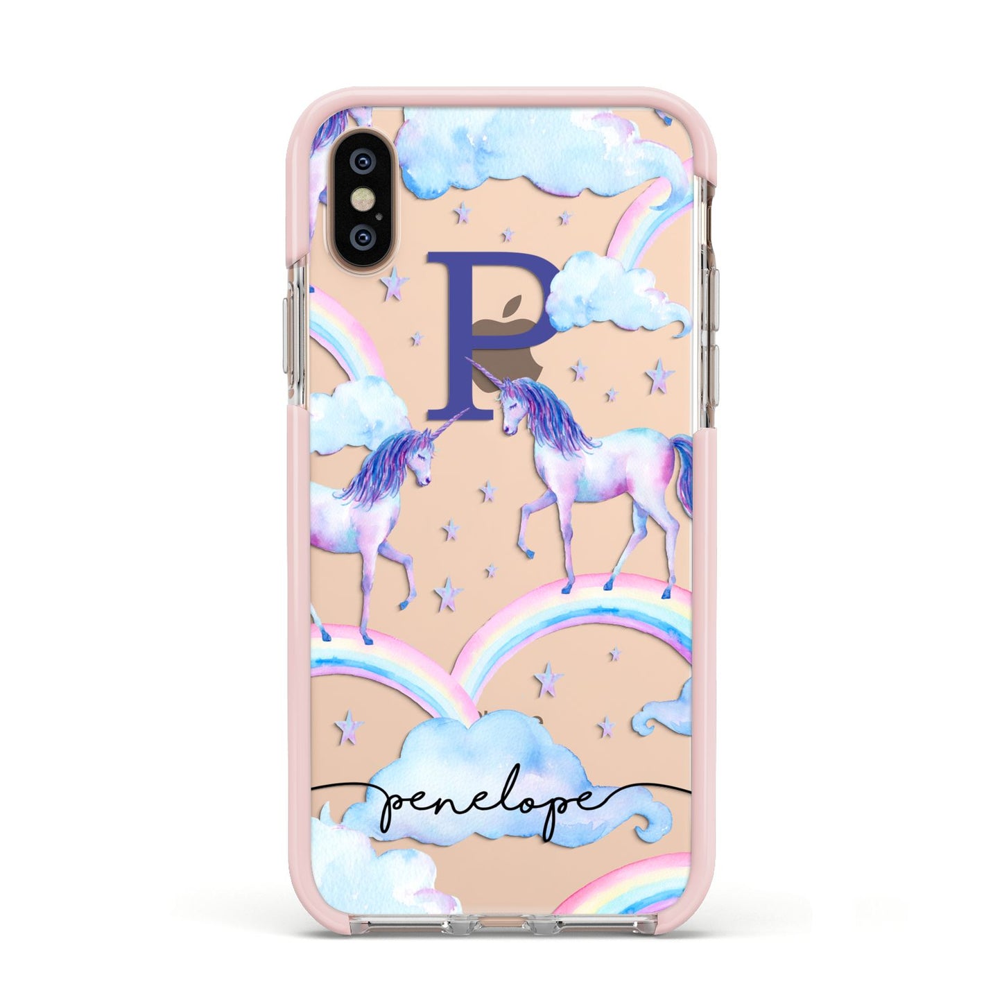 Personalised Unicorn Initial Apple iPhone Xs Impact Case Pink Edge on Gold Phone