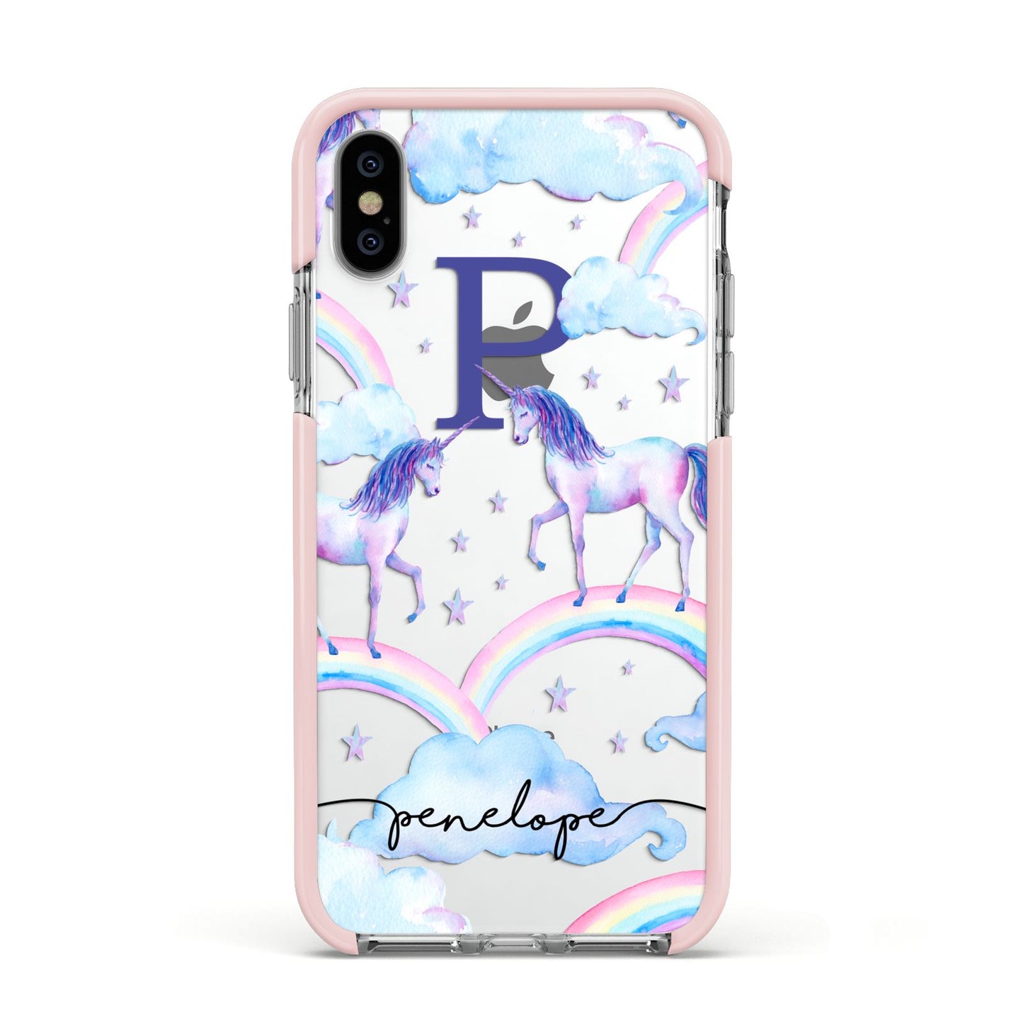 Personalised Unicorn Initial Apple iPhone Xs Impact Case Pink Edge on Silver Phone