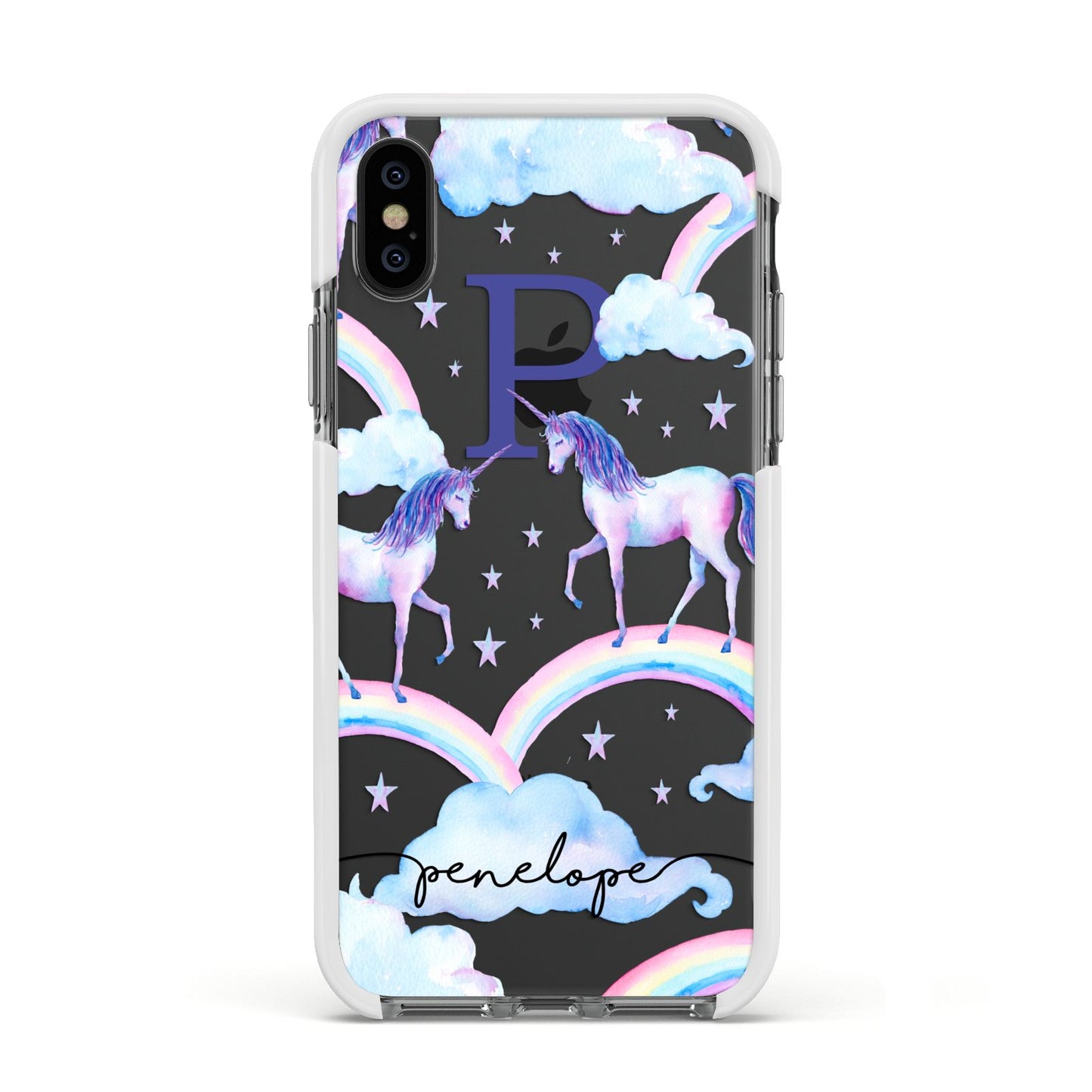 Personalised Unicorn Initial Apple iPhone Xs Impact Case White Edge on Black Phone