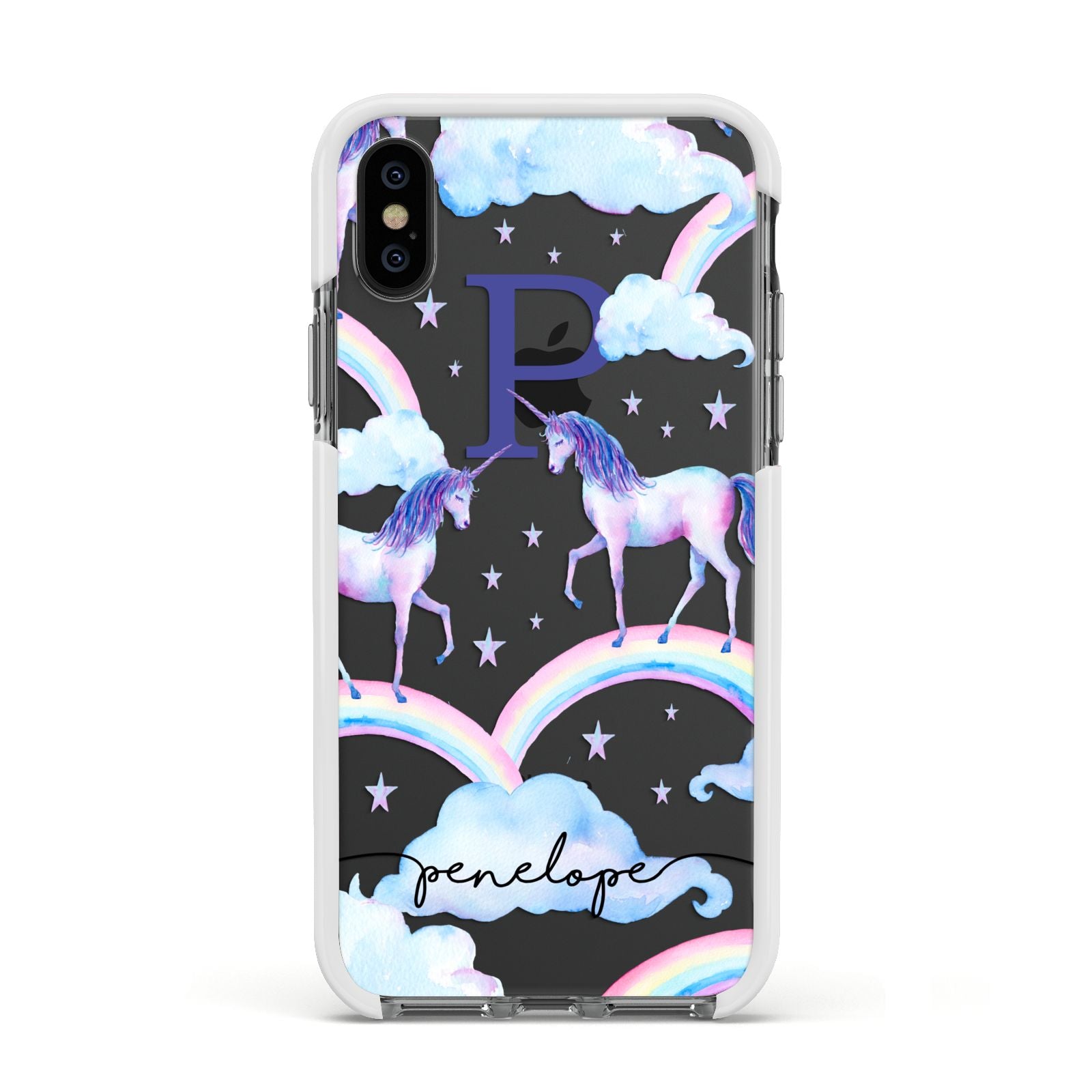 Personalised Unicorn Initial Apple iPhone Xs Impact Case White Edge on Black Phone