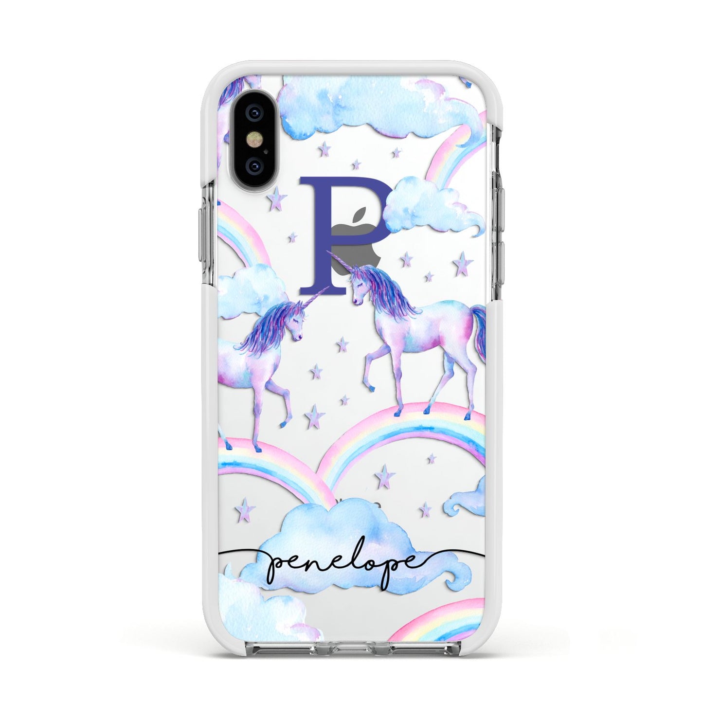 Personalised Unicorn Initial Apple iPhone Xs Impact Case White Edge on Silver Phone