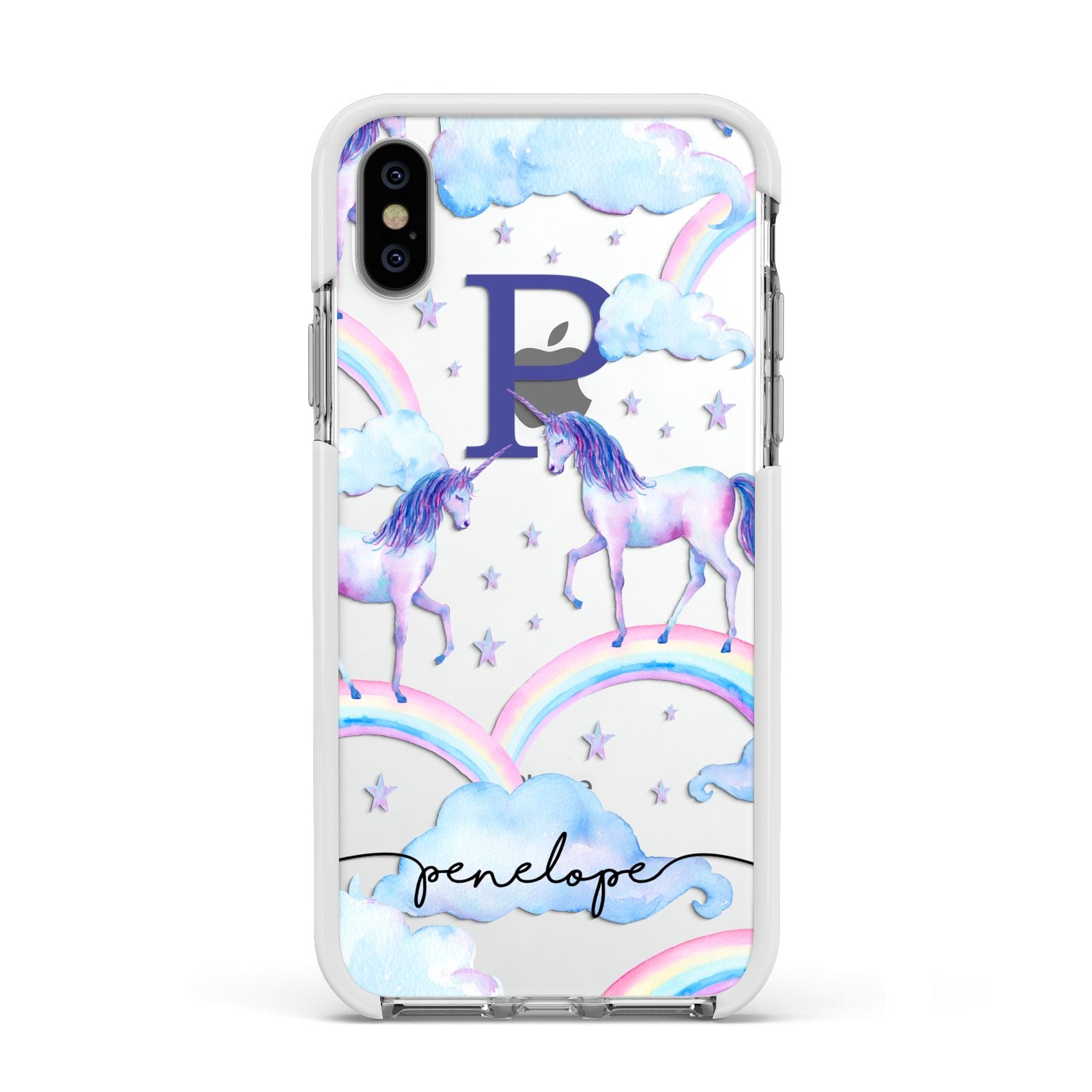 Personalised Unicorn Initial Apple iPhone Xs Impact Case White Edge on Silver Phone