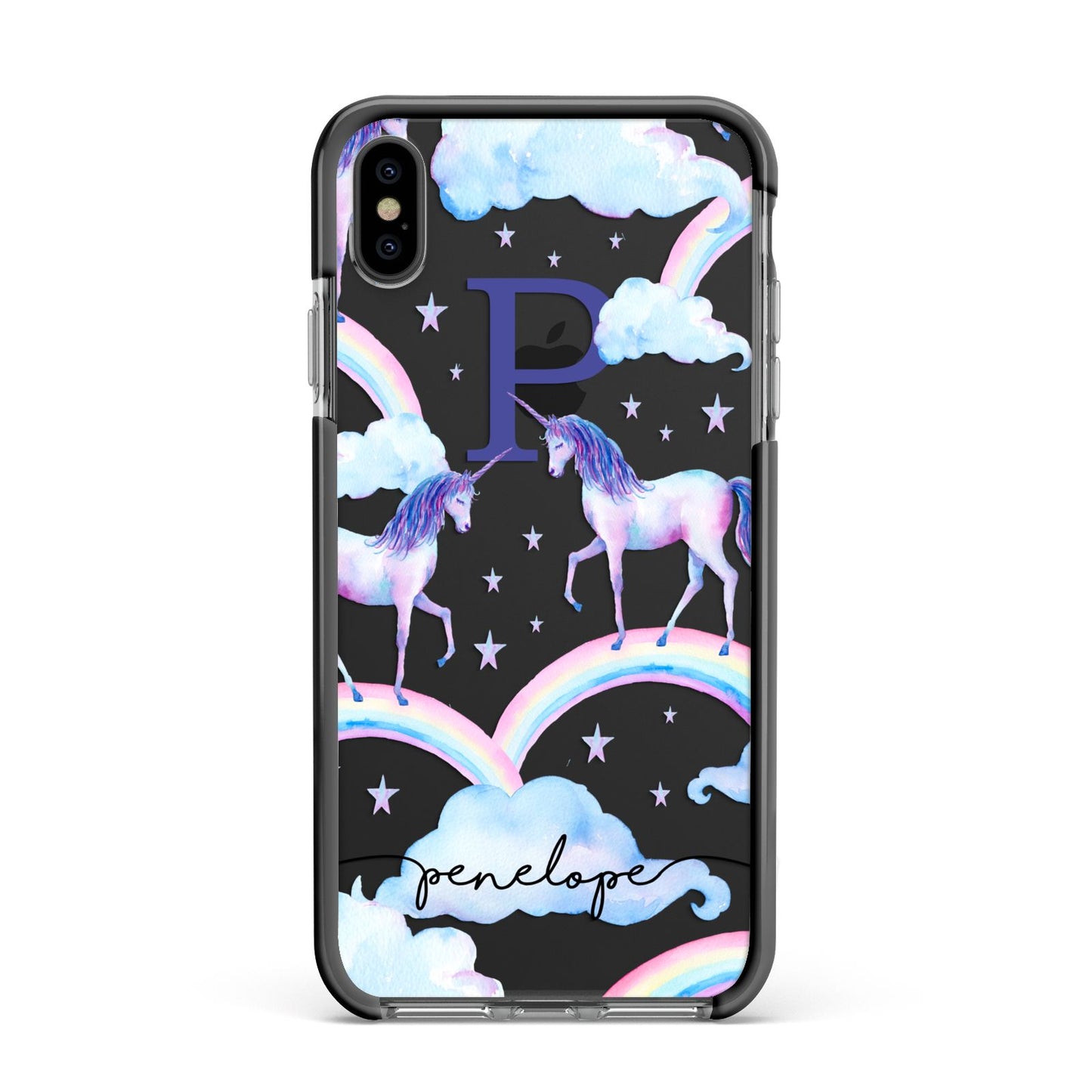 Personalised Unicorn Initial Apple iPhone Xs Max Impact Case Black Edge on Black Phone