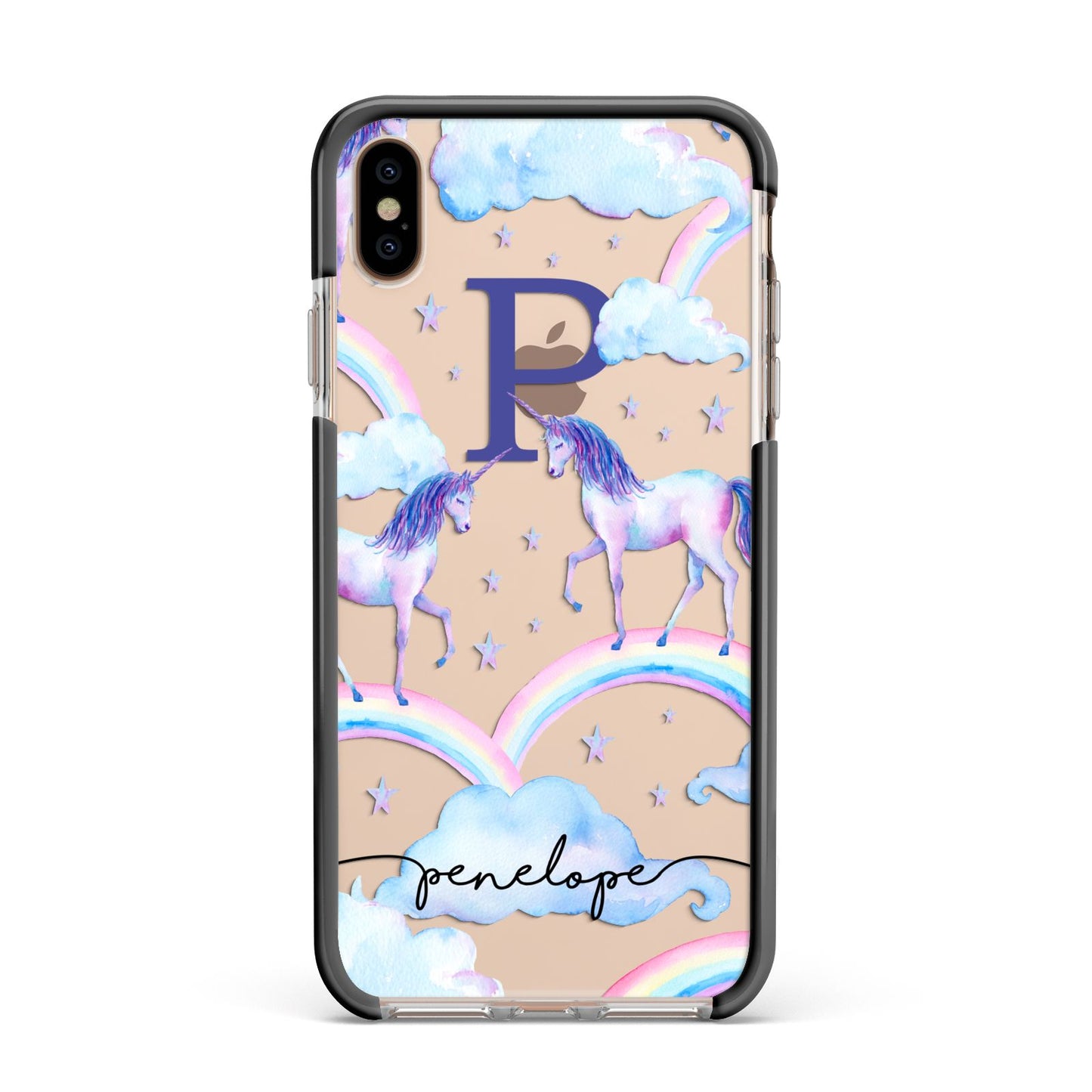 Personalised Unicorn Initial Apple iPhone Xs Max Impact Case Black Edge on Gold Phone