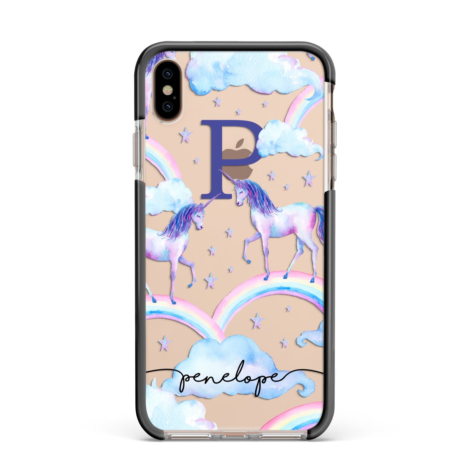 Personalised Unicorn Initial Apple iPhone Xs Max Impact Case Black Edge on Gold Phone