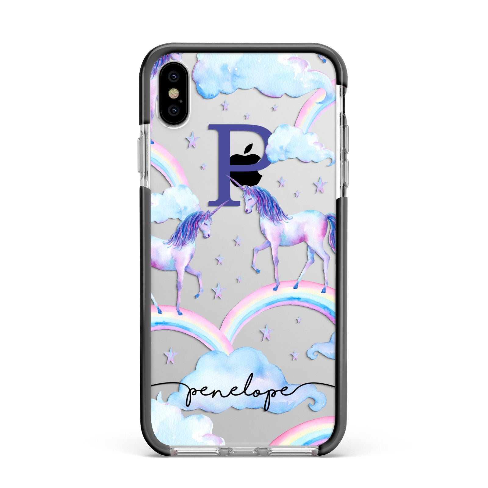 Personalised Unicorn Initial Apple iPhone Xs Max Impact Case Black Edge on Silver Phone