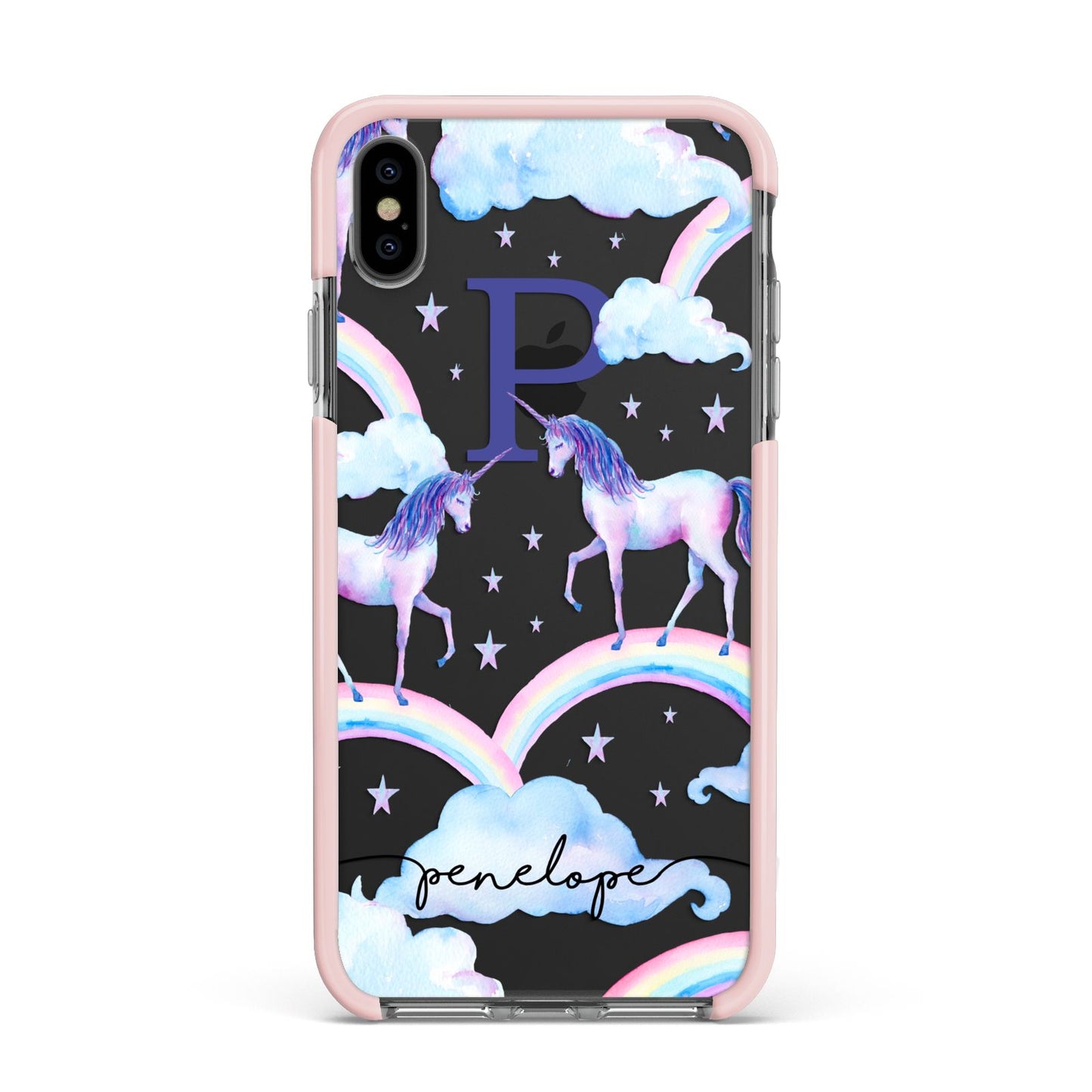 Personalised Unicorn Initial Apple iPhone Xs Max Impact Case Pink Edge on Black Phone