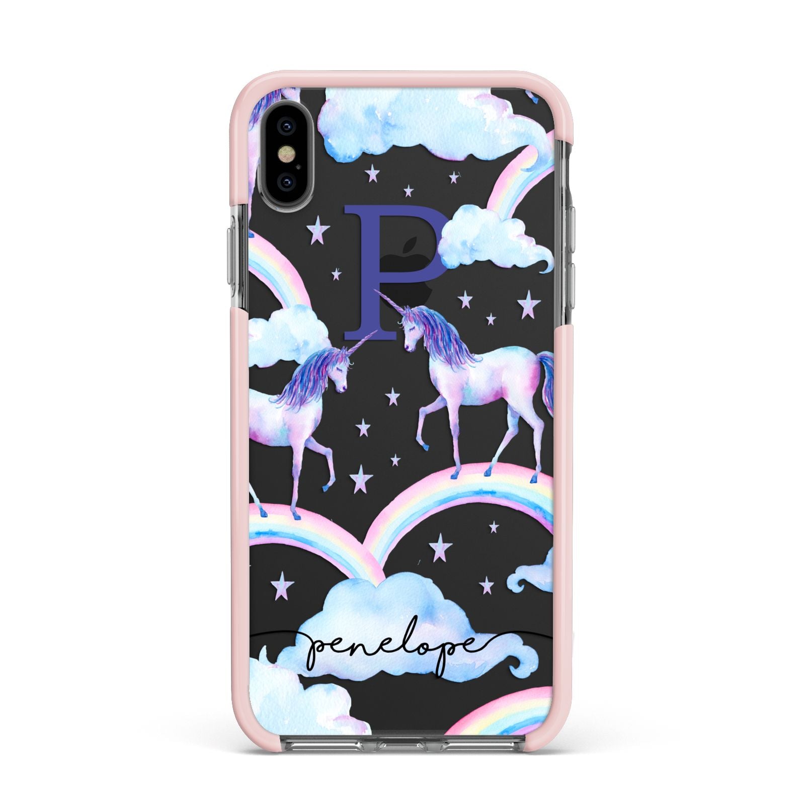 Personalised Unicorn Initial Apple iPhone Xs Max Impact Case Pink Edge on Black Phone