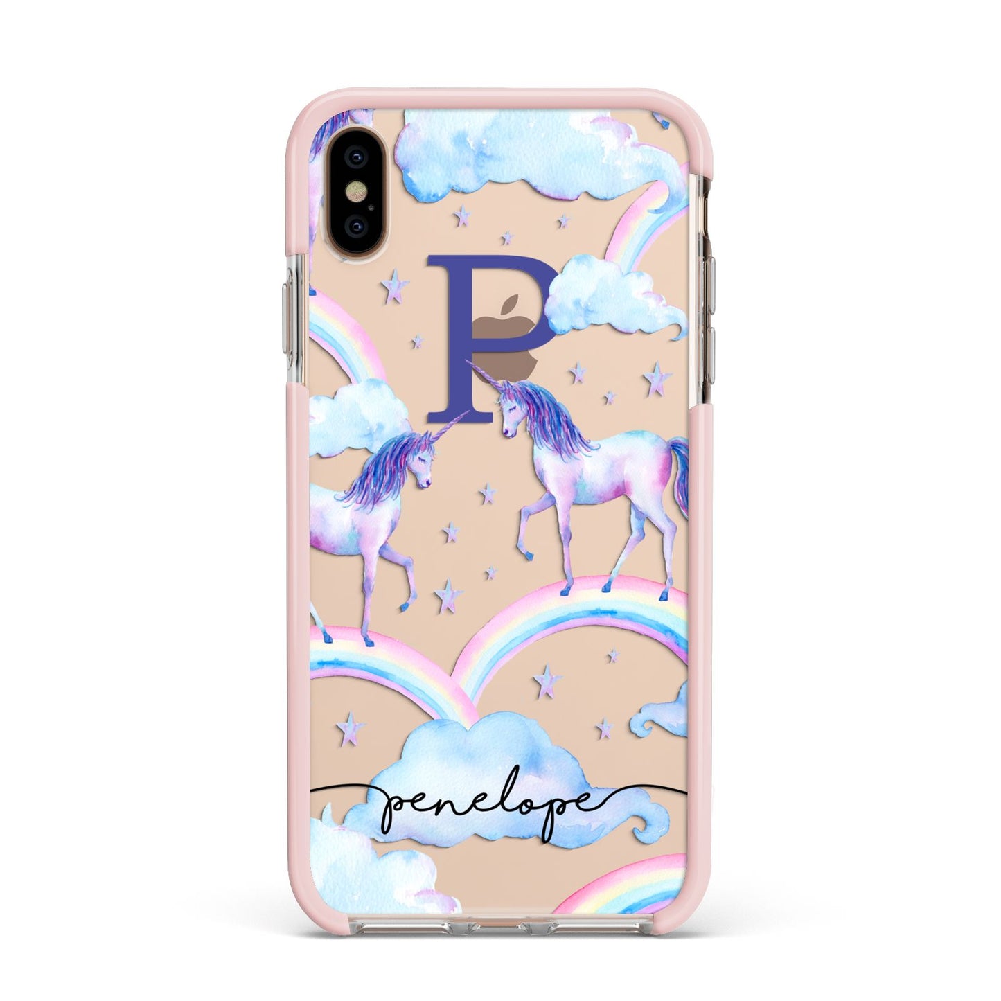 Personalised Unicorn Initial Apple iPhone Xs Max Impact Case Pink Edge on Gold Phone